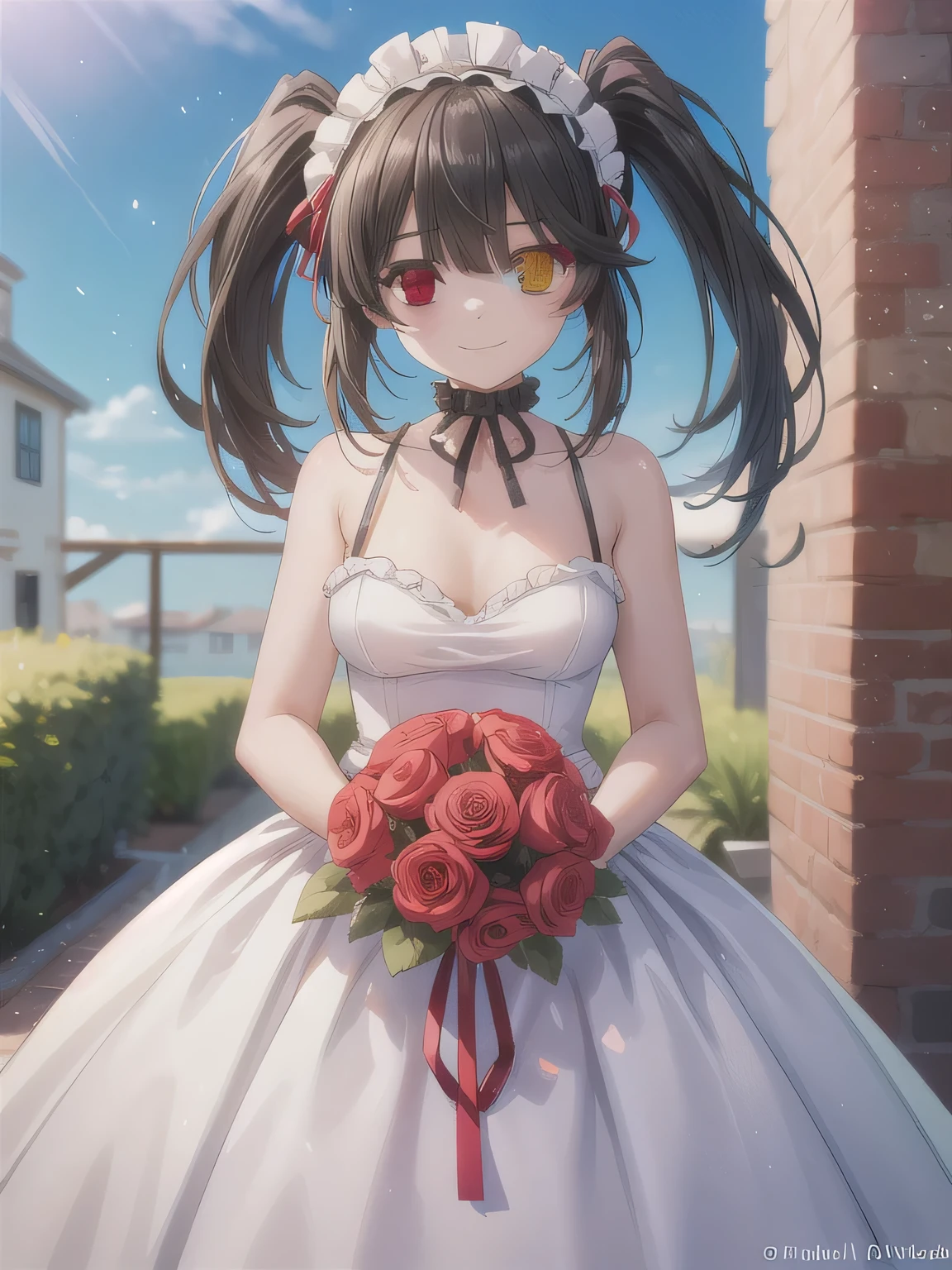 A stunningly beautiful 20-year-old woman standing in the courtyard of a luxurious mansion under a clear blue sky. She is wearing a white and blue wedding dress and holds a red bouquet with both hands in front of her chest. She looks very happy, with a radiant and joyful expression. long hair, black hair, ( Red Eyes:1.3), ( twin tails:1.5), ( with red eyes:1.3), Hair Band , ( heterochromia :1.5), smile.