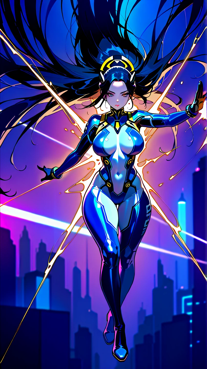((Best quality)), ((masterpiece)), (detailed: 1.4), (Absurd), Furious princess ready for war, Margot Robbie (((action pose))), glowing skin, perfect body, defined muscles, bare half-thick thighs, closed mouth, only in panties, (((include stars throughout the outfit))), Dark, Vampire, muscular body covered in yellow orange star clothing, very dark blue details, Neon Genesis Evangelion style and masamune shirow girls,  cyberpunk, generous neckline, ((perfect medium breasts)), (well-outlined eyes without pupils), ((long, very black eyelashes)), (((dark yellow and dark blue clothing)))), (dark blue misaligned hair misaligned equal to major motoko kusanagi, Ghost in the Shell), (((rot rod flames covering breasts))), (Cosmic tattoo on arms), short underwear, garter belt, by mucha, niji --V5, close to real,  psychopath, crazy face, sexy pose, 2 piece clothing, pastel, centered, scale to fit dimensions, HDR (High Dynamic Range),Ray Tracing,NVIDIA RTX,Super-Resolution,Unreal 5,Subsurface dispersion, PBR texture, Post-processing, Anisotropic filtering, Depth of field, Maximum clarity and sharpness, Multilayer textures, Albedo and specular maps, Surface shading, Accurate simulation of light-material interaction, Perfect proportions,  Octane Render, Two-tone lighting, Wide aperture, Low ISO, White balance, Rule of thirds, 8K RAW, crysisnanosuit