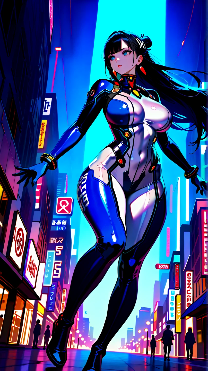 初音ミクはPlug Suitを着ている、Big Breasts、Latex bodysuit、Plug Suit((Neon Genesis EVANGELION))、Plug Suitの色は白と水色、High heels、The background is ruins、high resolution、2010s anime style、8K CG