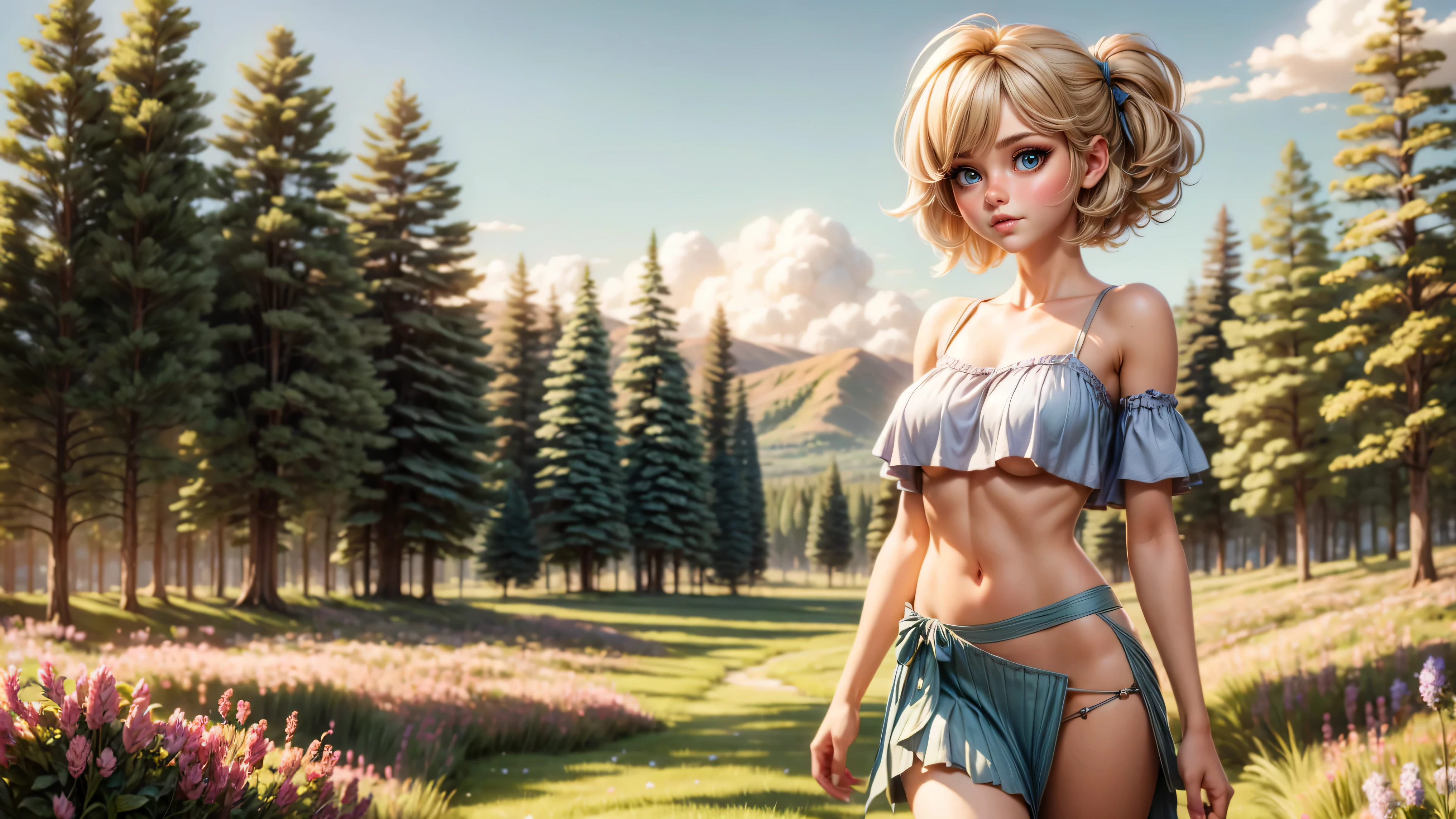 ((1girl, solo)), standing in a meadow full of wildflowers, young girl, cute girl, skinny, petite, pixie haircut, ((blonde hair)), pastel colors, ((loose top)), midriff, ((top loosely draped over her breasts)), underboob, looking at viewer, sexy, skirt low on hips, cowboy shot, (full body portrait), beautiful lips, sexy mouth, ribbon, hair ribbon, bangs, upper body, blue eyed, bangs, ribbon, meadow background, springtime, walking through a meadow,
