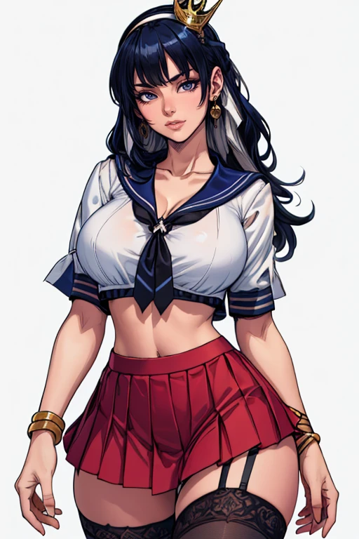 (1girl), black multiple braids mohawk hair swinging hair, extremely long hair, yellow eyes, ((muscular)), huge breasts, thick thighs, solo, angry, (dark tanned skin tone), cowboy shot, (serafuku) sailor moon outfit, very short skirt, standing back to viewer looking back over her shoulder multiple stances 