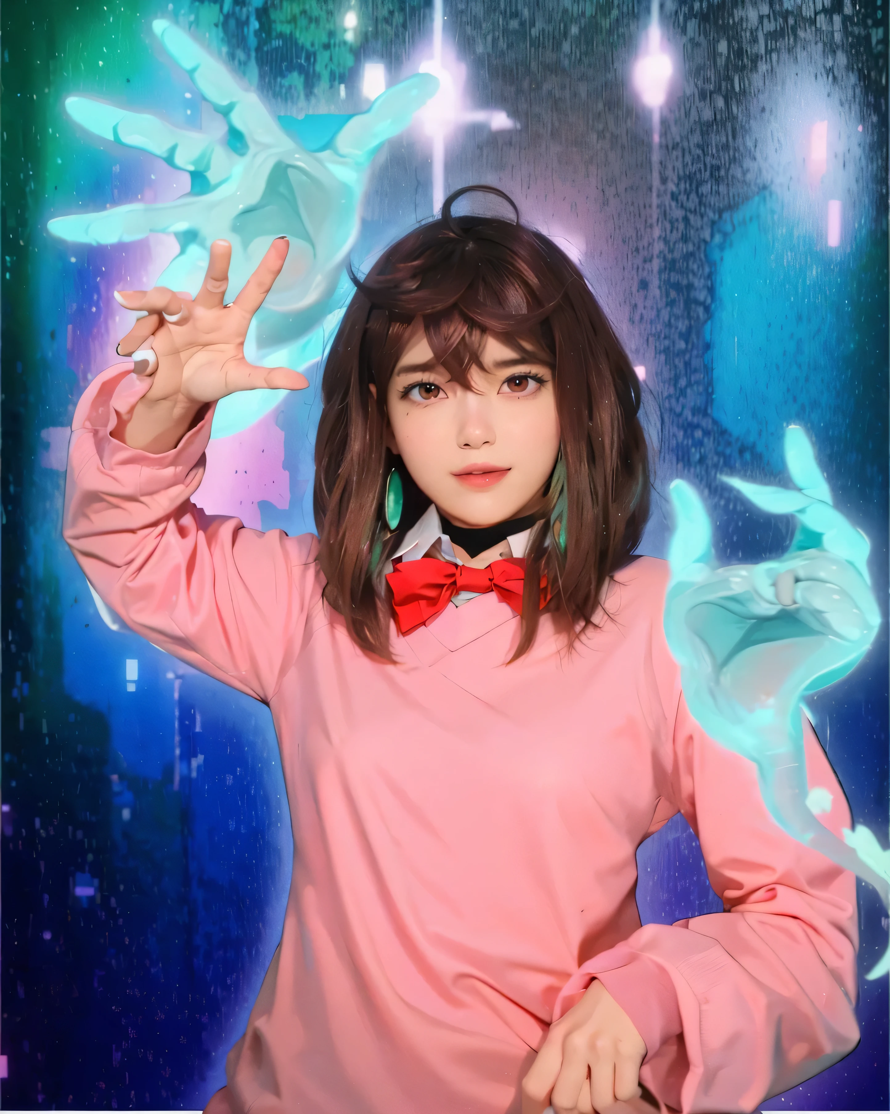((AYASE MOMO_DANDANDAN),((realistic, photorealistic)),(highlight hair)), Light reflection, (( HD )),((upper body)), (((best quality, masterpiece))), (masterpiece) (best quality) (detail) (8k) (HDR) (wallpaper) (cinematic lighting) (sharp focuasterpiece, best quality: 1.1), Real life adaption of this character, Asian beauty face, Shining Purple eyes, realistic outfit, realistic shadow, realistic light, realism, hyper realistic, realistic background,(photorealistic:1.2), 1girls,ayase_wz, medium hair, brown hair, brown eyes, large breasts, chocker, red bowtie, , pink cardigan, long cardigan, long sleeves, blue skirt, pleated skirt, school uniform, earrings, collared shirt, white shirt, alternate costume, loose socks, white socks,score_9, score_7_up, source_anime, ayase_wz, medium hair, brown hair, brown eyes, large breasts, chocker, red bowtie , pink cardigan, long cardigan, long sleeves, blue skirt, pleated skirt, school uniform, earrings, collared shirt, white shirt, alternate costume, loose socks, white socks, standing, looking at viewer, smile, classroom, indoors, (leaning forward:1.15), finger to mouth, light smile, light blush, horosuke, anime coloring,Green background, esper power, Green esper hand, transparent
