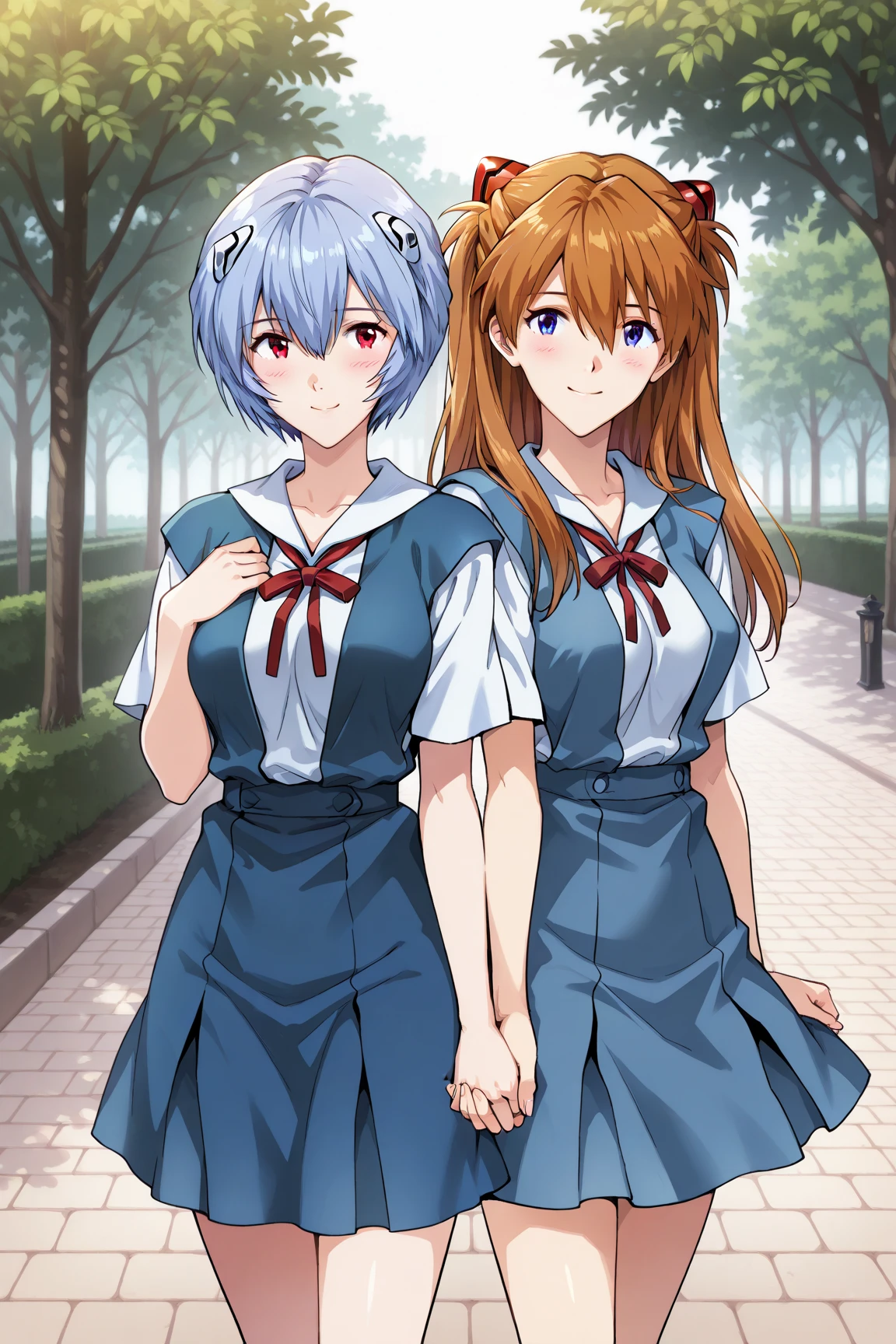 hand in hand, smile, A sunny day at the park , score_9, score_8_ up the side, score_7_ up the side,
score_6_ up the side, score_5_ up the side, score_4_ up the side,
source_evangelion, tokyo-3 middle uniform,
two beautiful girls, 18 years old, 2 pretty girls, friend, side by side, aligned,
最 high quality, high quality, Details, high resolution, 超 high resolution, perfect eye,
curvilinear, anatomically correct, Detailsな肌, big breasts, Rei Ayanami_(blue short hair, red eye), asuka langley , Ayanami Rei and Soryu Asuka Langley are holding hands, blush,