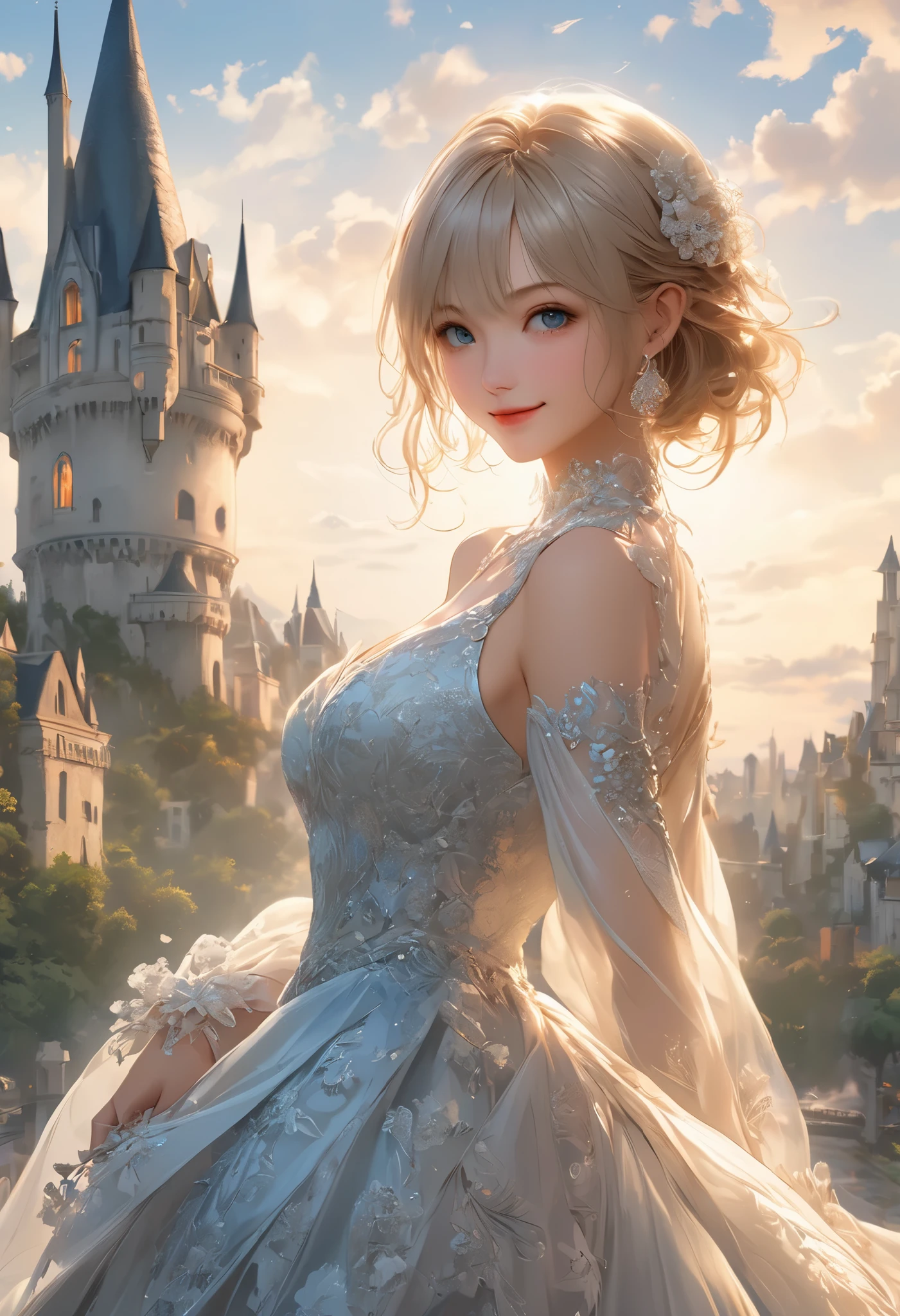 Masterpiece, top quality, illustration , Super Detail, fine detail, high resolution, 8k wallpaper, perfect dynamic composition, beautiful detailed eyes, dress , medium hair , middle of chest, Natural Color Lip, Random Sexy Poses,smile, tower mansion