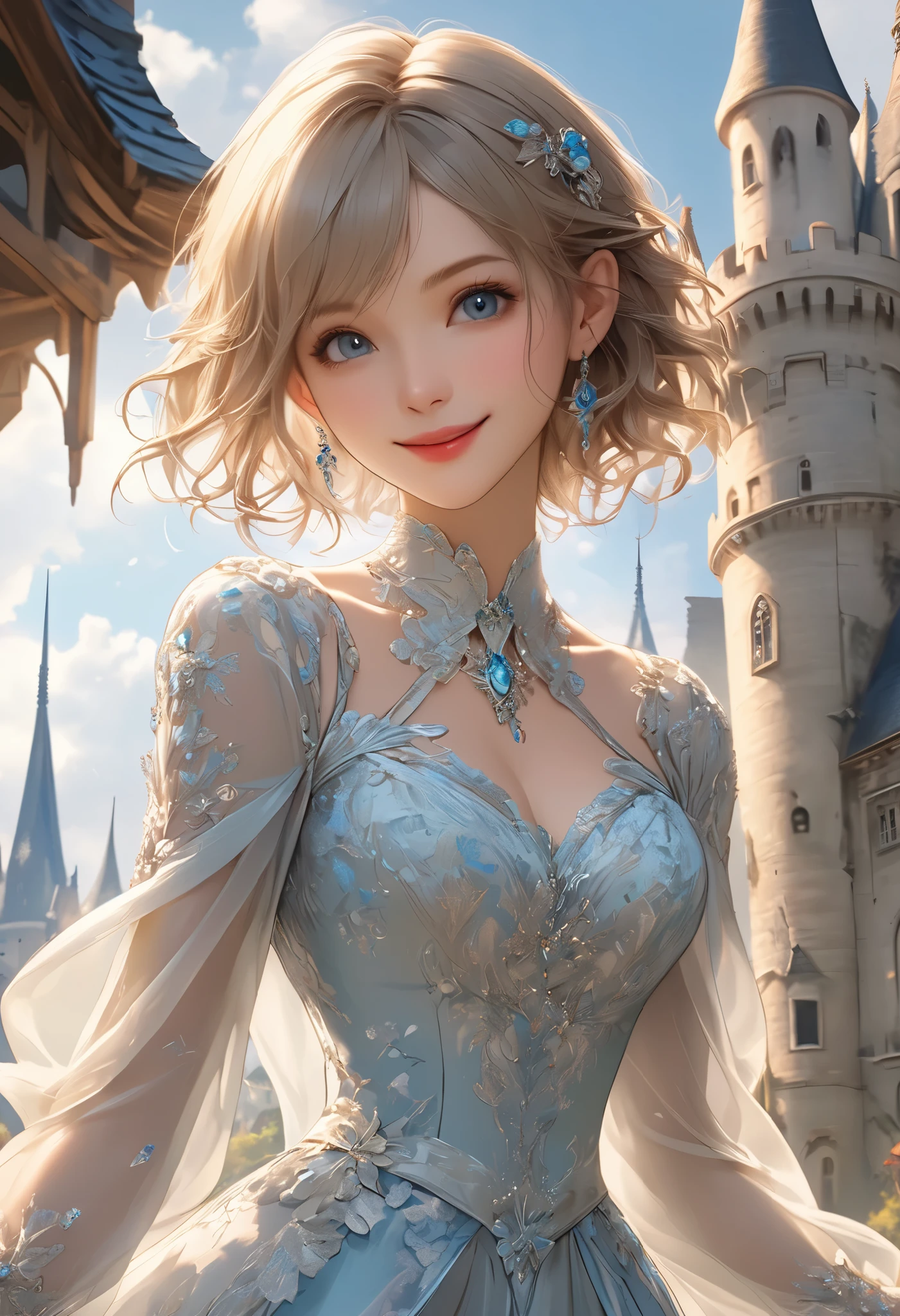 Masterpiece, top quality, illustration , Super Detail, fine detail, high resolution, 8k wallpaper, perfect dynamic composition, beautiful detailed eyes, dress , medium hair , middle of chest, Natural Color Lip, Random Sexy Poses,smile, tower mansion