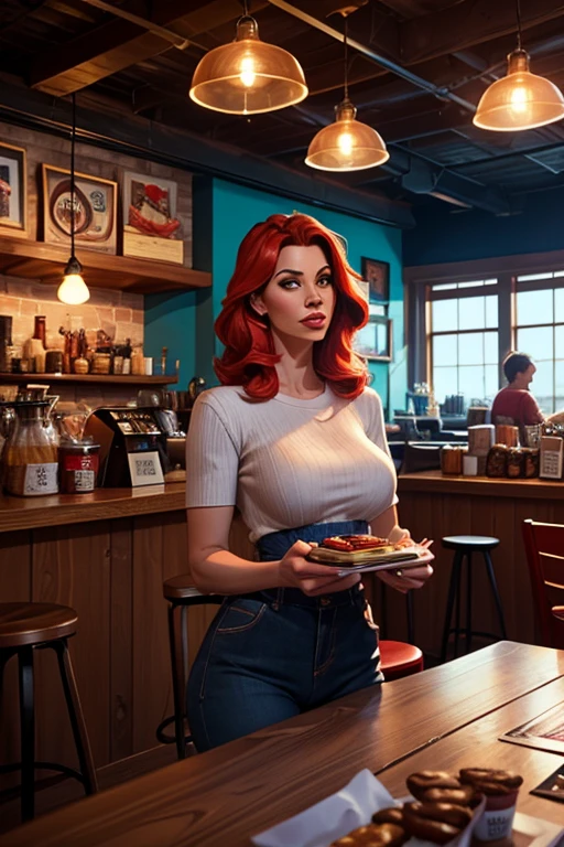 ultra realistic, photography, long red hair, girl, 24 years old, hourglass figure, perfect body, small breasts, Flirty look, extremely detailed artgerm, in the style artgerm, facing the camera, lens 35 mm, blur background, she is standing behind the counter of a selfmade wooden small booth, the sign on top of the booth says "Kiss 1$" with a lipstick kiss next to it, she is wearing a light pink lowcut tshirt and very tight black yogapants. She is leaning on the counter of the booth presenting her cleavage