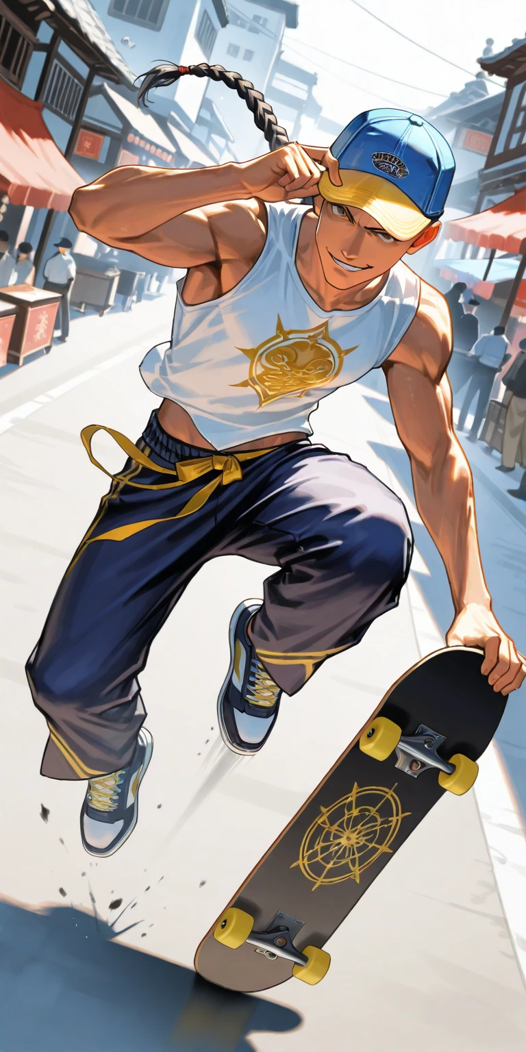 1boy\((Yun\(Street Fighter 4\)), (young), jumping high on skateboard, hand at cap brim, eyes hidden by on deep pulled down cap,(blue cap with (yellow brim:1.2)), long braid hair,black  loose  (Wudang Tai Chi pants),white sleeveless (Wudang Tai Chi Shirt), sneakers,big smirk,slim,\), street of old China countryside market, dynamic Pose, dynamic movement, dynamic angle, action scene, motion blur, vibrant Hong Kong people, rearistic,masterpiece, best quality, dynamic concentration line
