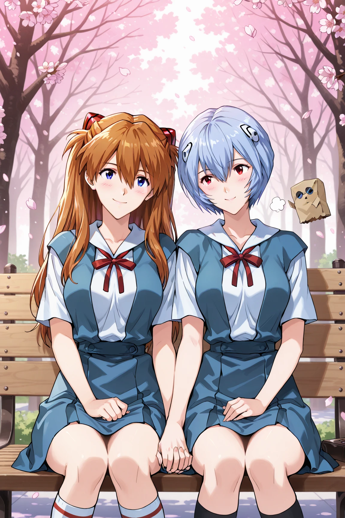 hand in hand, smile, A sunny day at the park , score_9, score_8_ up the side, score_7_ up the side,
score_6_ up the side, score_5_ up the side, score_4_ up the side,
source_evangelion, tokyo-3 middle school uniform,
two beautiful girls, 18 years old, 2 pretty girls, friend, side by side, aligned,
最 high quality, high quality, Details, high resolution, 超 high resolution, perfect eye,
curvilinear, anatomically correct, Detailsな肌, big breasts, Rei Ayanami_(blue short hair, red eye), asuka langley , Ayanami Rei and Soryu Asuka Langley are holding hands, blush, Cherry Blossoms in Full Bloom , sitting,