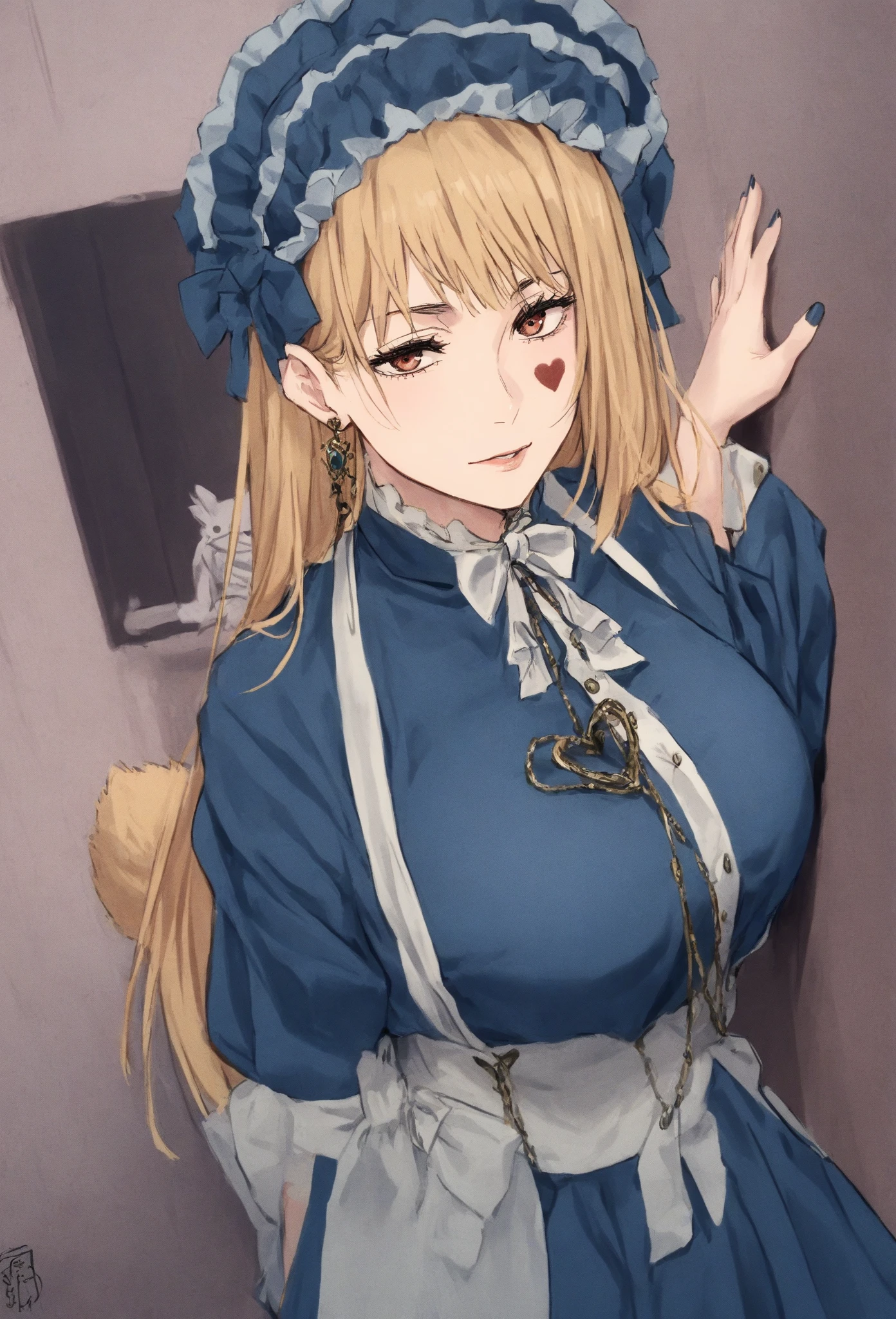 Young woman,Cat's ears,cat tail,blonde hair,purple eyes,Golden Collar,in an open maid costume,Darling,scared,Surprised.