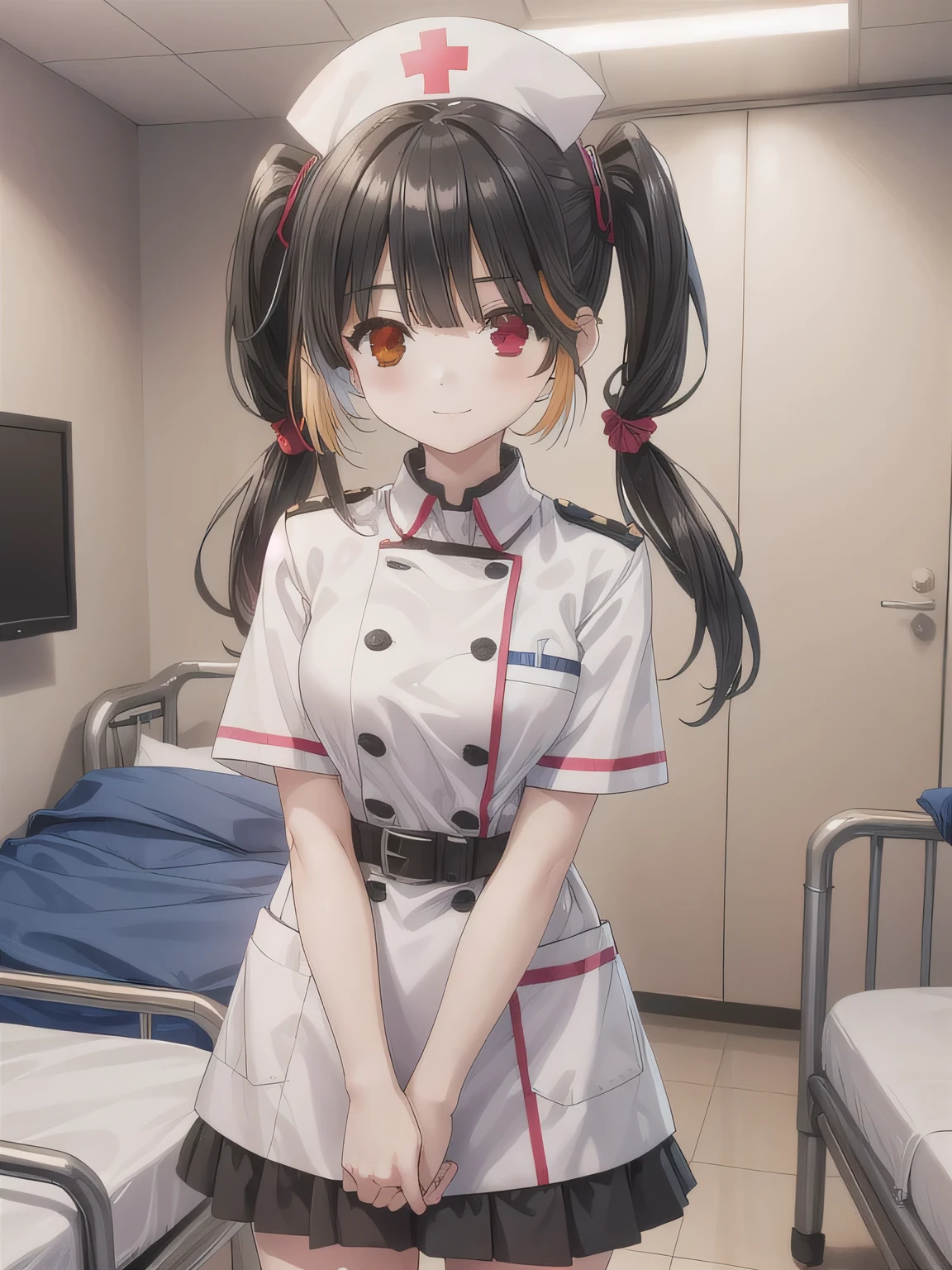 Depict a 20-year-old, very beautiful woman in a hospital room. She is wearing a nurse cap and a mini-skirt style white uniform. Her expression is shy, and she is smiling gently. The setting includes medical equipment and furnishings typical of a hospital room, with soft lighting to create a warm and welcoming atmosphere. long hair, black hair, ( Red Eyes:1.3), ( twin tails:1.5), ( with red eyes:1.3), Hair Band , ( heterochromia :1.5), smile.