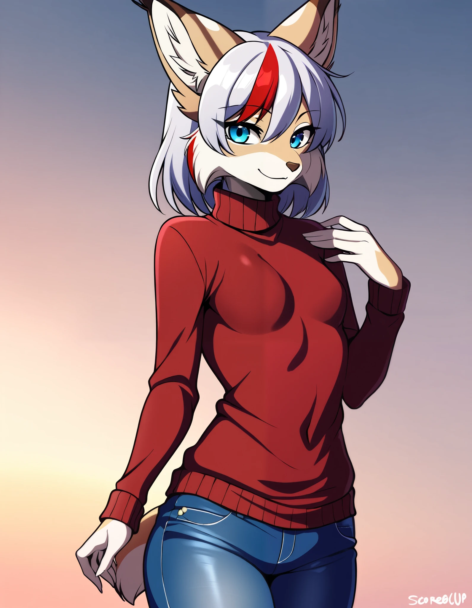 anime, 1girl, solo, digital_media_(artwork) hi_res,, beautiful, anthro, furry, female, furry female, detailed textured fur, fur tufts, lynx, slim, slender, small breasts, cute, sweater, denim jeans, multicolor hair, streaked hair, red blue blonde silver hair, blonde fur, beautiful blue eyes, smile, solo,