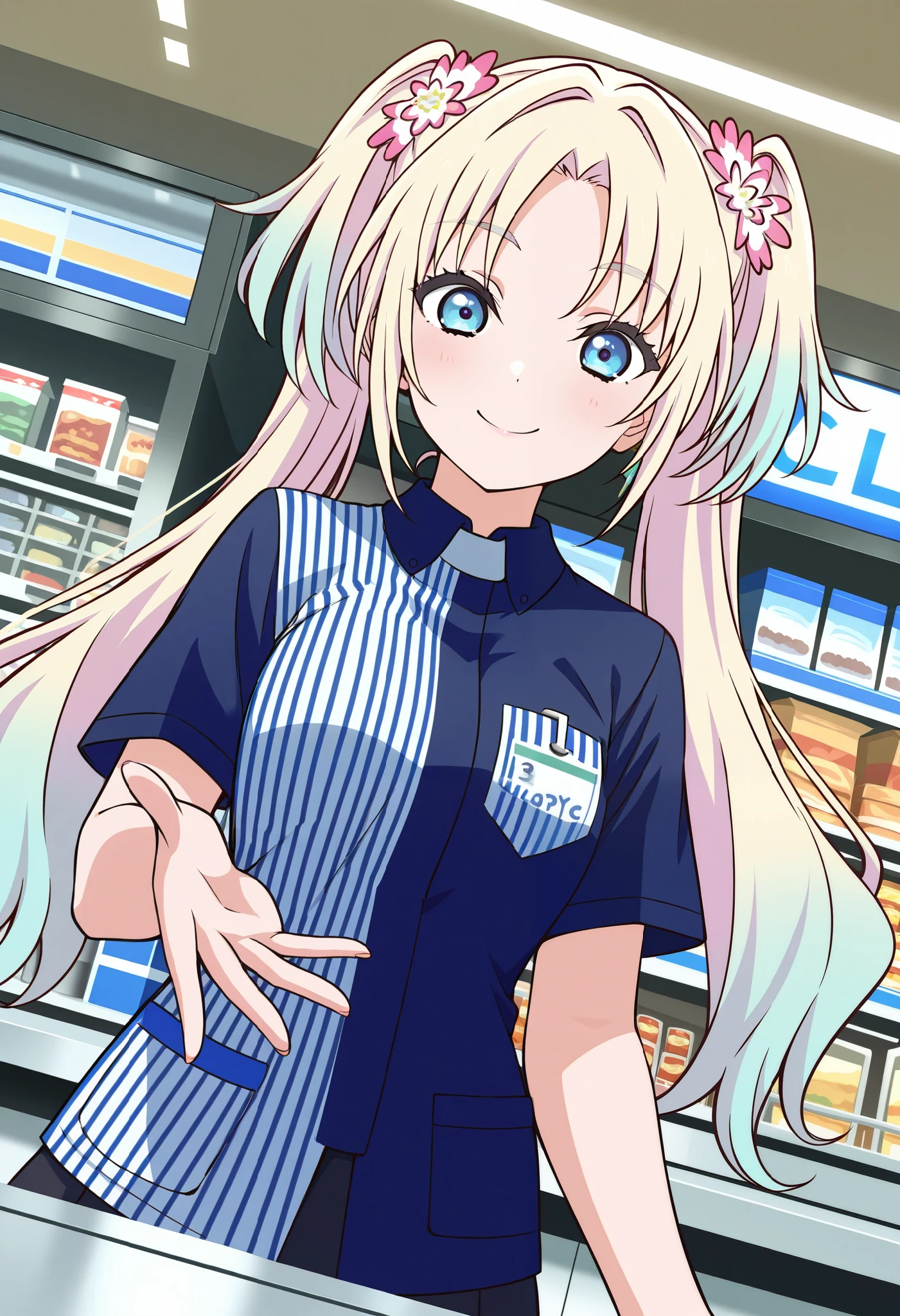 simple background,
1girl,solo,osawa rurino, link! like! love live!, blonde hair, long hair, blue eyes, hair ornament, multicolored hair, gradient hair, twintails, parted bangs, double twintails, cute,smile,employee uniform,convenience store,lawson,masterpiece,Noise Reduction,perfect anatomy,high resolution, ultra-detailed, ultra-detailed face,game cg,dutch angle ,beautiful detailed eyes,visualart,five fingers, perfect hands, perfect lighting,