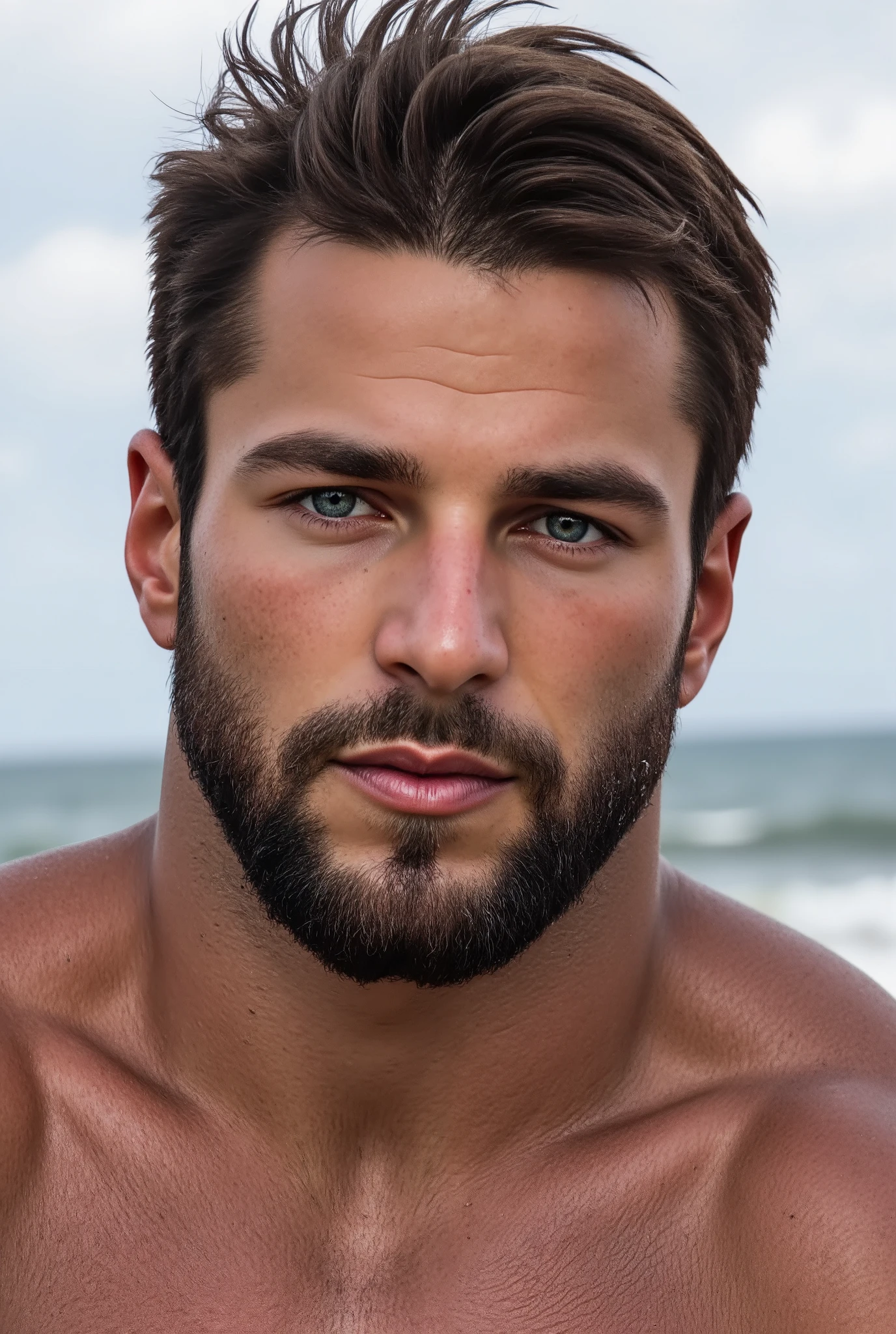 A very realistic portrait of a hairy-handsome man, ((( identically face shaped original ))), with a 33-year-old man, very masculine face with well-defined and similar characteristics, real details. Dark hair is messy hair . A-trimmed beard, hair-body, maxilar jaw and chin, with wide and straight edges near the cheekbones that enhance the structured facial contours. The pale white skin face is virile and handsome so natural shadows that give harmony to the face. A straight and proportional Greek and Roman style nose with a well-balanced width. Thick, long and straight eyebrows realistically perfect alpha male masculine, (hairy-belly:1.6), white-color, the face conveys a lot of desire and the sensual and seductive expression and was richly produced. Light eyes in green and expressive with light tightening suggesting a smile in the eyes with wrinkles and lines of happy expression in the external corners combining with the smile style of pulled mouth. Cute male eyes. The lower eyelids are subtly elongated with trimming and descending curvilinear shape. Well-defined realistic lips with masculine thickness, the upper lip forms a cupid arch in heart with 2 defined tips and the lower lip hydrated without shined skin.. Textured white skin without glow, realistic whitter skin pores in a realistic and uniform way, without glow skin, emphasizing fine details such as pores, smooth lines.. The chest-hair , torso is hairy, showing an unathletic body but slightly myscle but strong and with very realistic hair with big muscles and perfect texture, wearing shorts and made of fine cotton in a sweatshirt. The handsome man is casually standing in a shower on the beach, with anatomically perfect and anatomically correct feet, Best quality, High details, Quality, Super details , (very realistic photo photo:1.3), NIKON, natural light, 8k, the definition is very high, XF IQ4, 150MP, 50mm