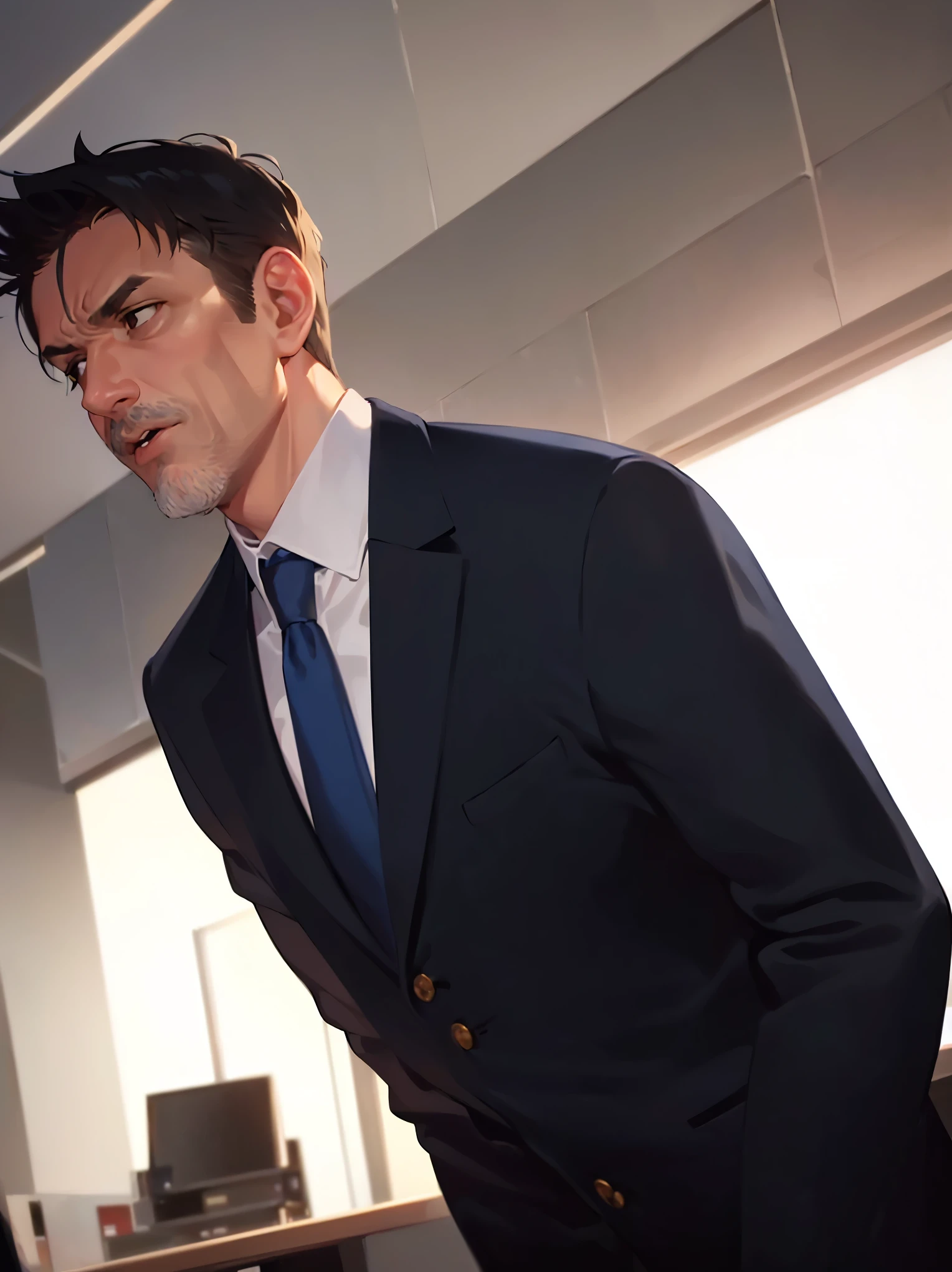 raising hand, side angle, (looking away:1.5), masterpiece, high quality, (50 year old man:1.5) and (short black hair) and (brown eyes), (suit) and (blue tie), angry, open mouth, alone, standing, in the office room,