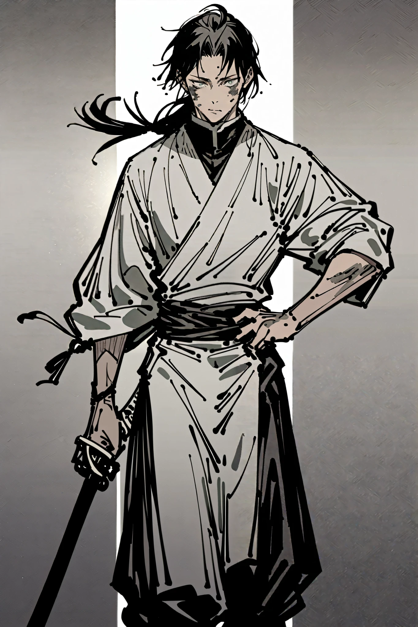 appearance:
Hajime is a man of 1 .82 m, with an athletic physique defined by constant training . He has long black hair tied in a low ponytail , with a few loose strands. His eyes are ash gray , reflecting his serenity and determination . He always wears an outfit inspired by the keikoi and samogi of the ancient samogi Uraïs, but adapted to modernity with discreet protections . His normal katana is worn on the hip , while his cursed katana is sealed in a special cover on his back .