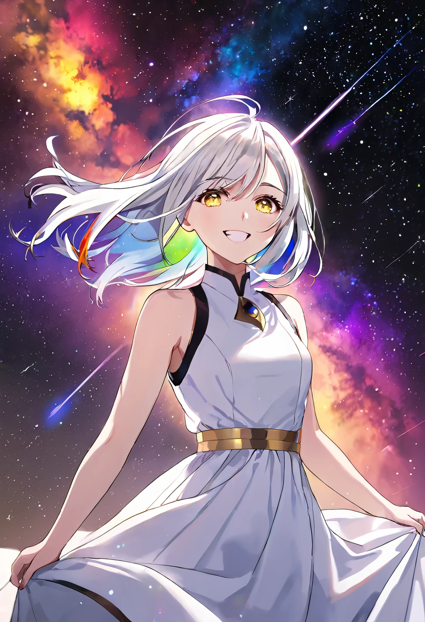 (high-quality, breathtaking),(expressive eyes, perfect face) 1girl, female, solo, white hair, rainbow inner, multicolored hair, long hair length, flowy hair, yellow eyes, cute smile, black background, portrait, symmetrical eyes, mature woman, white dress, sleeveless, bare shoulders, medium full shot, upper body, stars background, nebula background, shooting stars