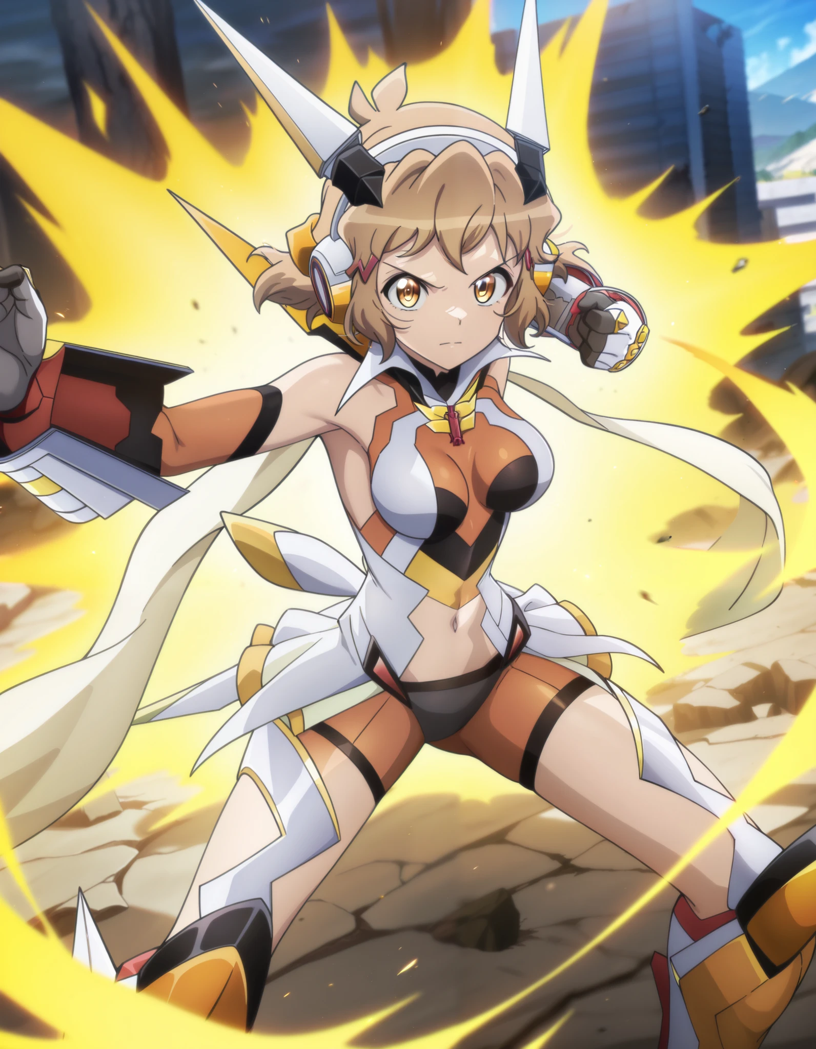 masterpiece, best quality, amazing quality, very aesthetic, absurdres, newest, anime coloring, anime screenshot, hibikigear, 1girl, solo, short hair, brown hair, scarf, headgear, navel, headphones, bodysuit, medium breasts, gauntlets, brown eyes, hair ornament fighting stance, yellow aura, destroyed ground, looking at viewer
