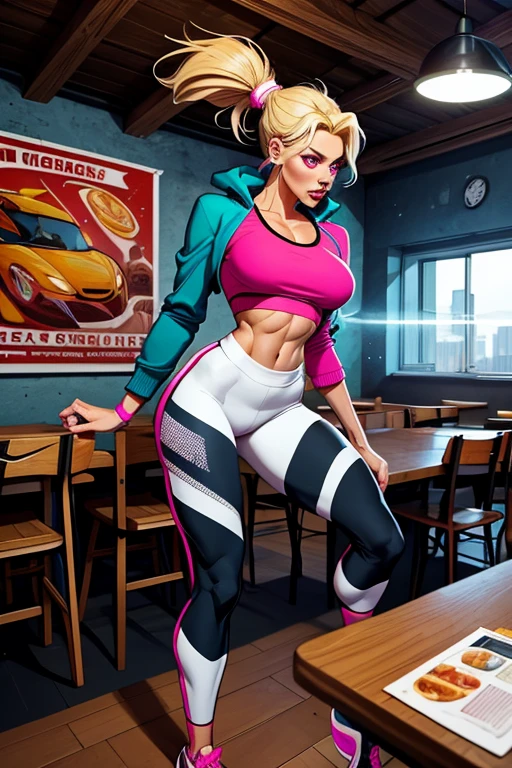Blonde, (messy bun), (tight black leggings), black sports bra), round boobs, blue eyes, (white socks on top if leggings, nike trainers)