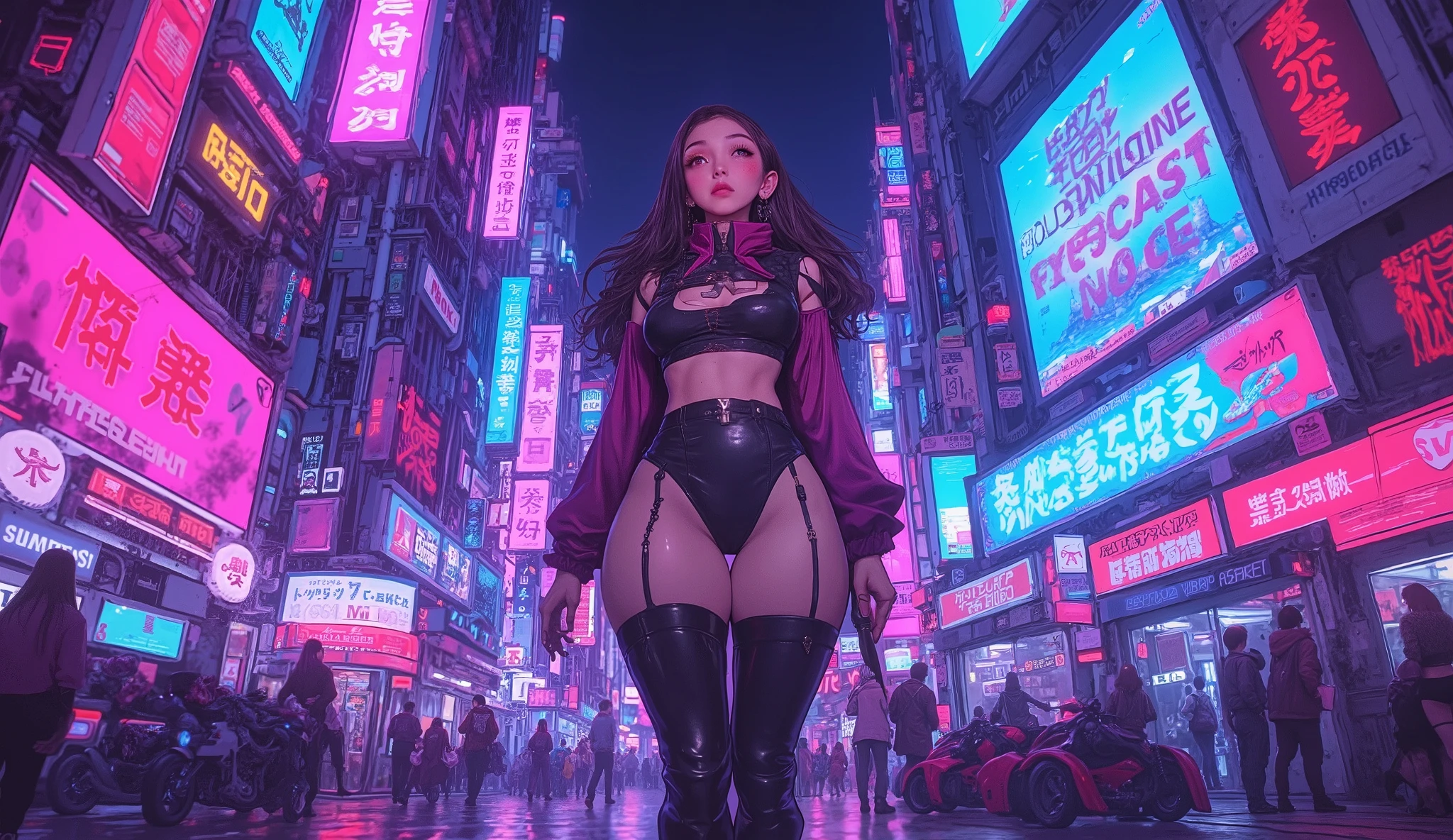 masterpiece, best quality, full body, 1girl, looking at viewer, Confident girl with slightly sassy expression, Harajuku-inspired pop outfit, bold colors and patterns, eye-catching accessories, trendy and innovative hairstyle, vibrant makeup, futuristic and dazzling cyberpunk cityscape, skyscrapers, neon signs, LED lights, bright and vivid color scheme, anime, illustration, detailed skin texture, detailed cloth texture, beautiful detailed face, intricate details, ultra detailed, photorealistic, cinematic lighting, depth of field f/1.8