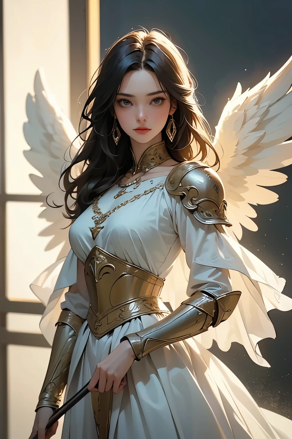 ( young female angel in armor :1.2)、(  Valkyrie  )、 ( Holding a spear )、 (whole body)、    detailed face,    detailed skin,    beautiful hair、  floating in the sky、Standing on the Clouds、Mysterious Light、 Klimt Style 、Ink Art, Fibonacci、  Exquisitely decorated 、Delicate , Colorful painting .,   this piece evokes an age of elegance  ....    to preserve the statue's intricate details and timeless appeal、  Please ensure high image quality capture  . Perfect craftsmanship, 
  very detailed from outside the window , Atmospheric Hars   ,    film grain ,    movie stills,      shallow depth of field    , (   top quality 、   high resolution、  Masterpiece)、8k、   wallpaper、break (  plain background    :1.2)、( White background ;1.2)、