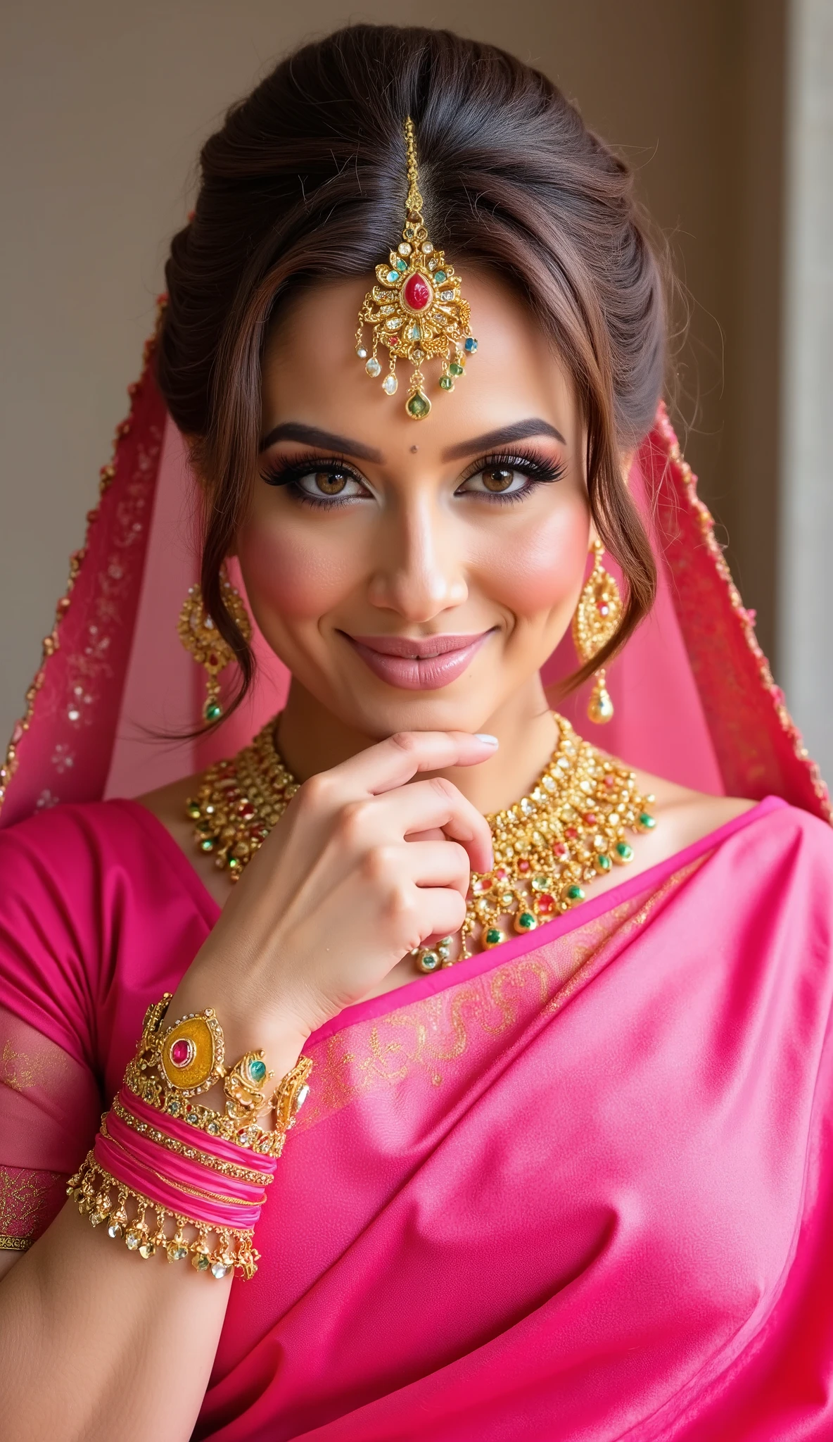 a close up of a woman in a pink sari and gold jewelry, indian, very beautiful enga style, candid picture, alluring plus sized model, candid photo, traditional beauty, candid photograph, curvaceous. detailed expression, immense details, indian goddess, close up half body shot, pink and gold, attractive feminine curves, satin, candid shot, lovely woman