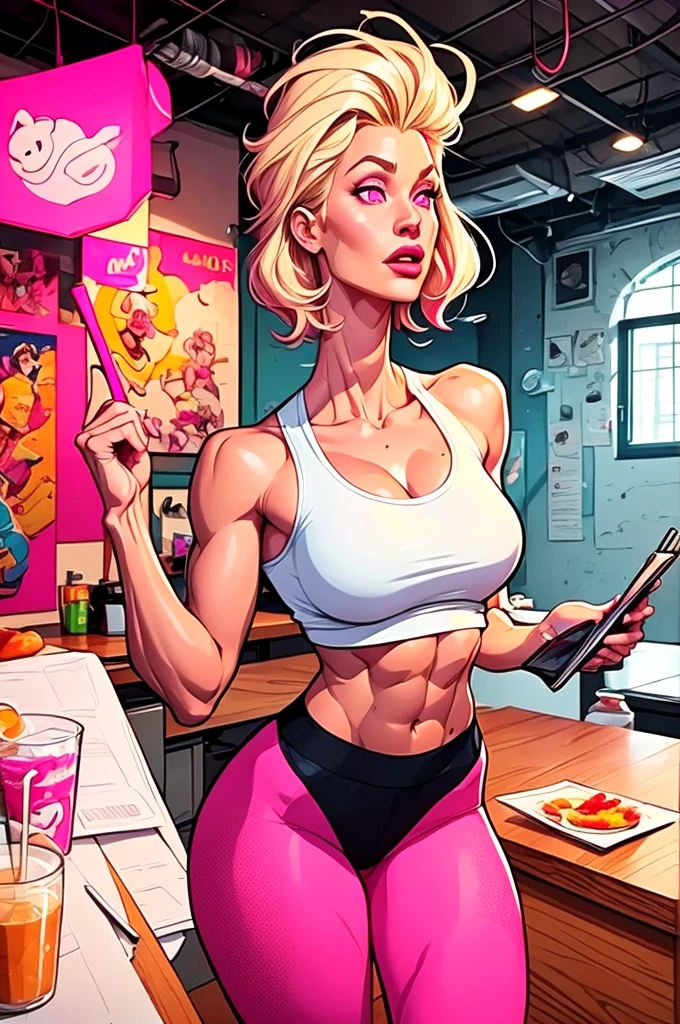 "Generate a digital illustration of a female bodybuilder in the 1950s, radiant and healthy, holding a bottle of vitamins with a confident smile. The scene should evoke the retro aesthetic of the 1950s, with pastel colors and a sleek visual style. showing off his huge muscles