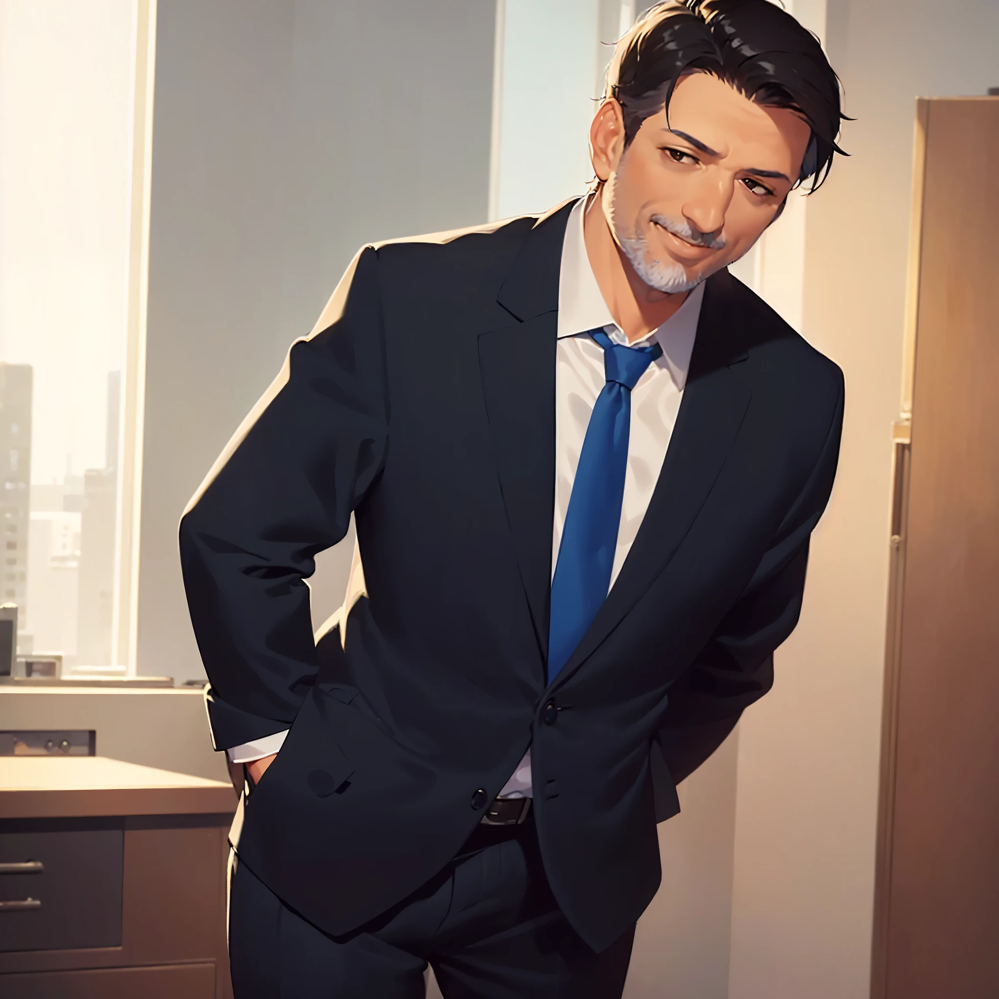 masterpiece, high quality, (50 year old man:1.5) and (short black hair) and (brown eyes), (suit) and (blue tie), (smug:1.4), open mouth, alone, standing, in the office room,