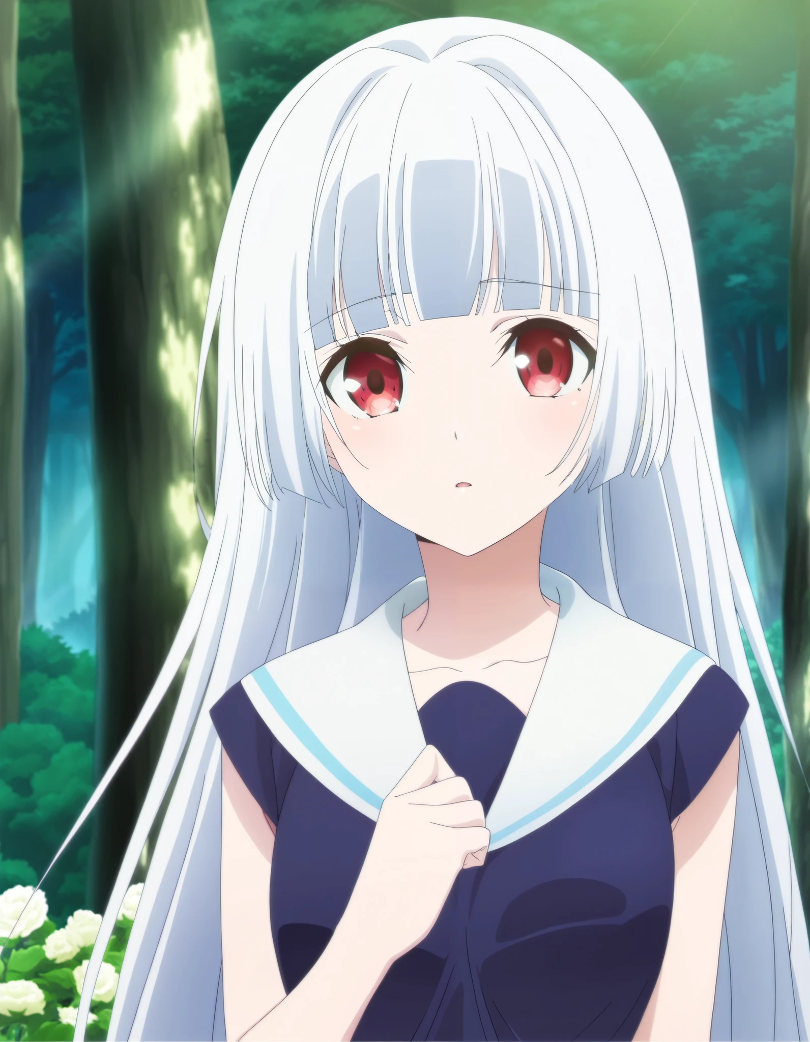 anime, anime_coloring, anime_screencap, rating_sfw, newest, masterpiece, amazing quality, best quality, detailed, absurdres, illustration, game_cg, intricate, an extremely delicate and beautiful, 1 girl, cute, perfect anatomy, red eyes, pettier, white hair, long hair, blunt bangs, white sailor collar, close-up, upper body, forest, flower, standing,