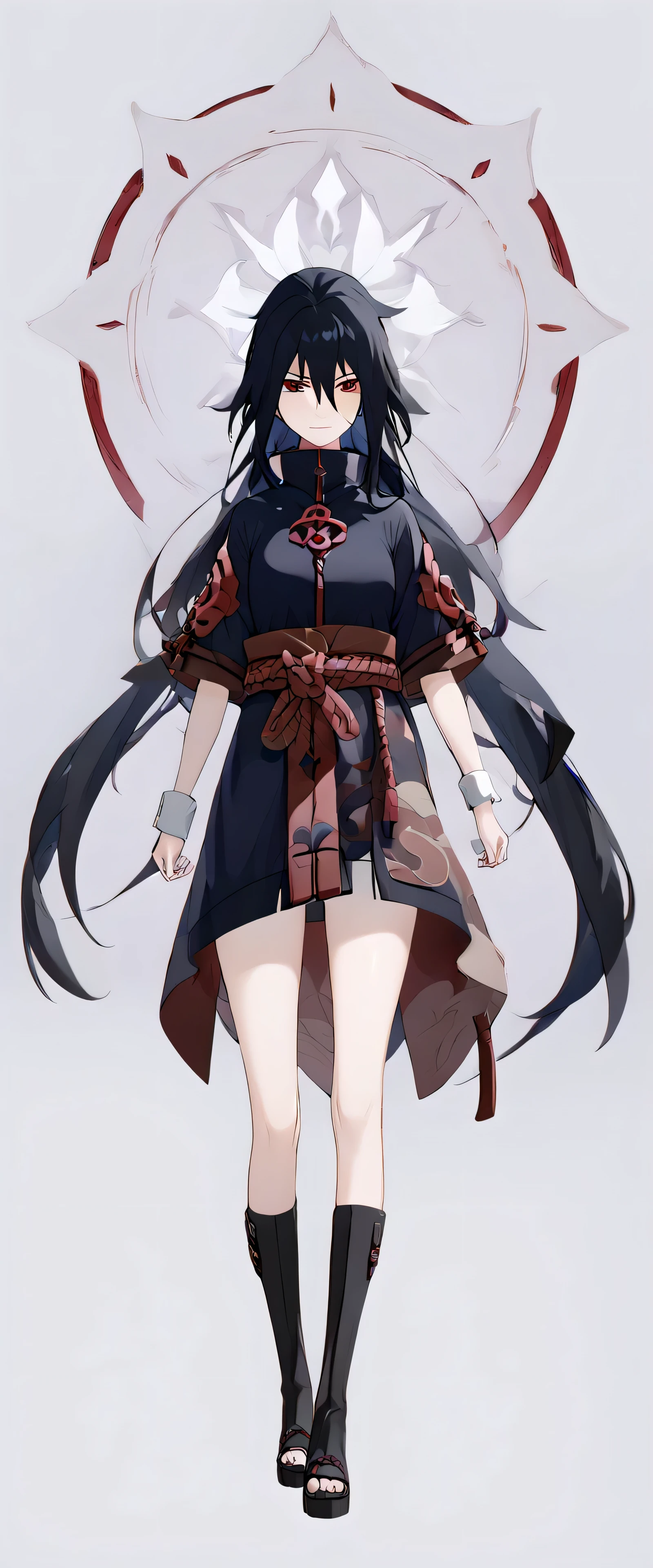 Genshin impact, Sasuke Uchiha as a girl, very long black hair, red eyes, red eyelids, full body view, genderband 