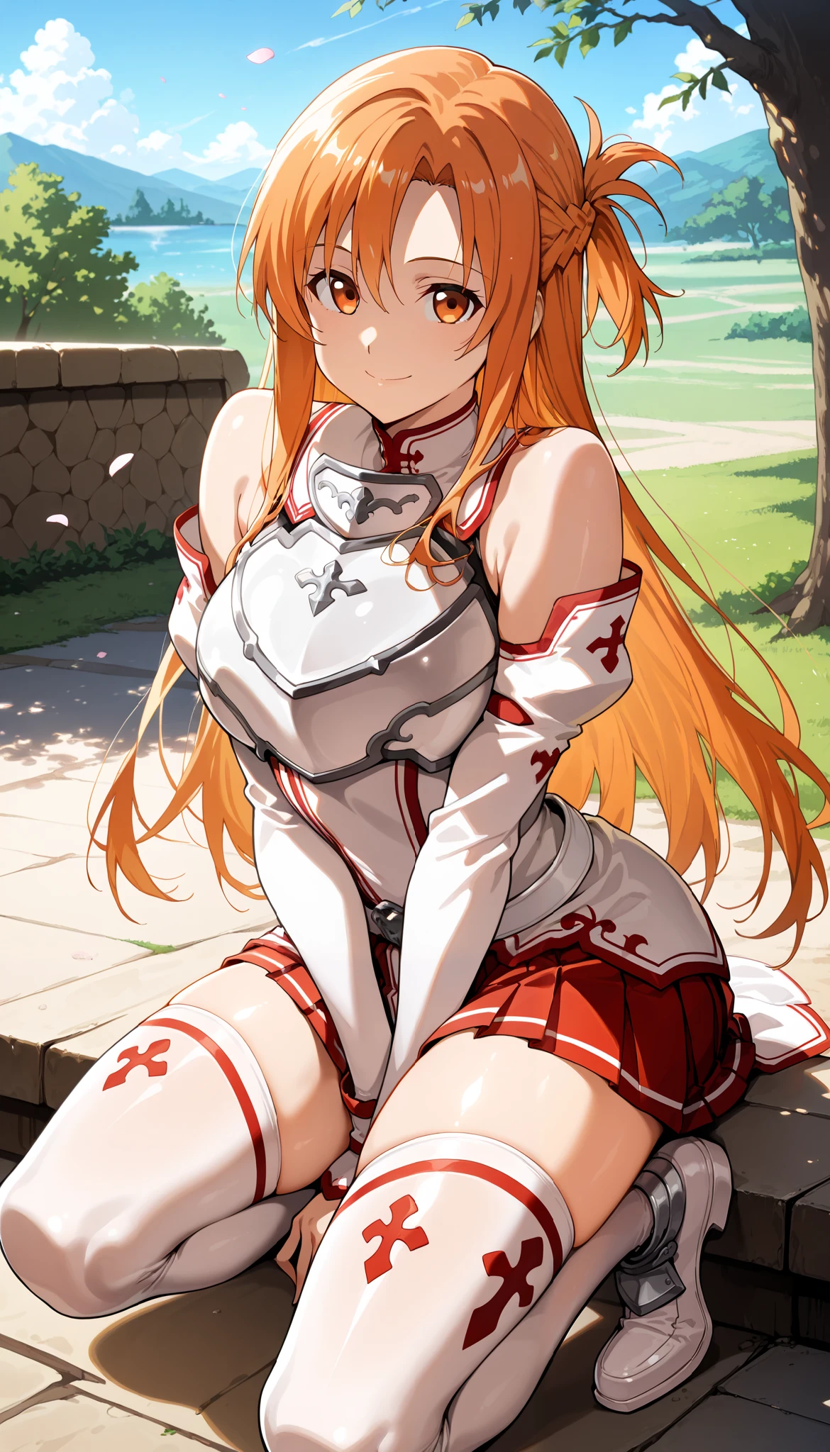 score_9, score_8_up, score_7_up, score_6_up, score_5_up, score_4_up,source_anime,clip skip:2,(masterpiece:1.3), vivid color, (extremely detailed CG unity 8k wallpaper),top quality , amazing quality, high resolution, Absurd, very aesthetic, (ultra detail), perfect detail, One Girl , 24 years old, bangs, beautiful hair,shiny hair,,Yuuki Asuna、(Crown Half Up:1.2),(lighr orange hair:1.3), Slim waist, orange eyes , Bare shoulders, long hair,(large Breasts:1.3), smile, outdoor, Aesthetic anime eyes,pinup,hand between legs, white thighhighs, red skirt, breastplate, white armor, bare shoulders, detached sleeves, pleated skirt, miniskirt, white sleeves, zettai ryouiki, white belt, white dress, long sleeves, white footwear