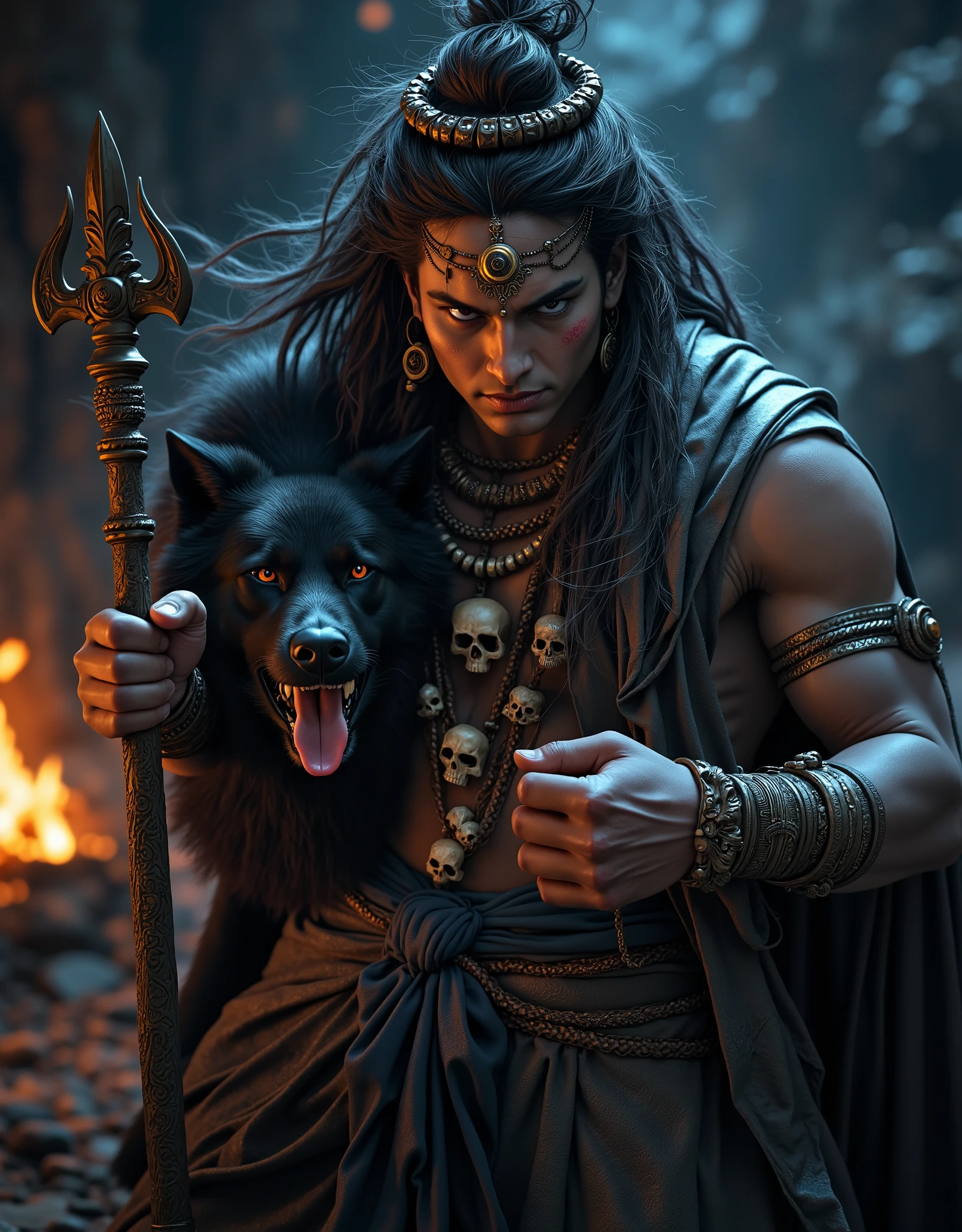 ((Close up))) ((Very Tall and big)), hyper detailed and perfect Portrait of Lord Shiva ,very handsome fierce expression,ferocious look, looking at me, head down, (((fierce expression on face))), young, ((long black floating hair, wearing skulls in neck, skull garland, skull mala, wearing red robes))) ((red robes))) ((perfect skull garland)), holding his trishul((trident)) ((perfect trishul)) , sitting on a rock in a cave with his pet dog (((black ferocious big dog))) cave theme, dark background, dreamy dark environment, dark dreamy atmosphere, fire in bg, smoke in foreground, skulls here and there ((skulls)) uhd, shot taken by Sony 55 mm lens, with f -1. 2, sharpness -1. 2, 32k resolution, 8k quality, ultra high definition, uhd, niji express, niji mixed realism, perfect shoot, perfect skull mala, perfect skull Garland, skulls on the chest as Garland