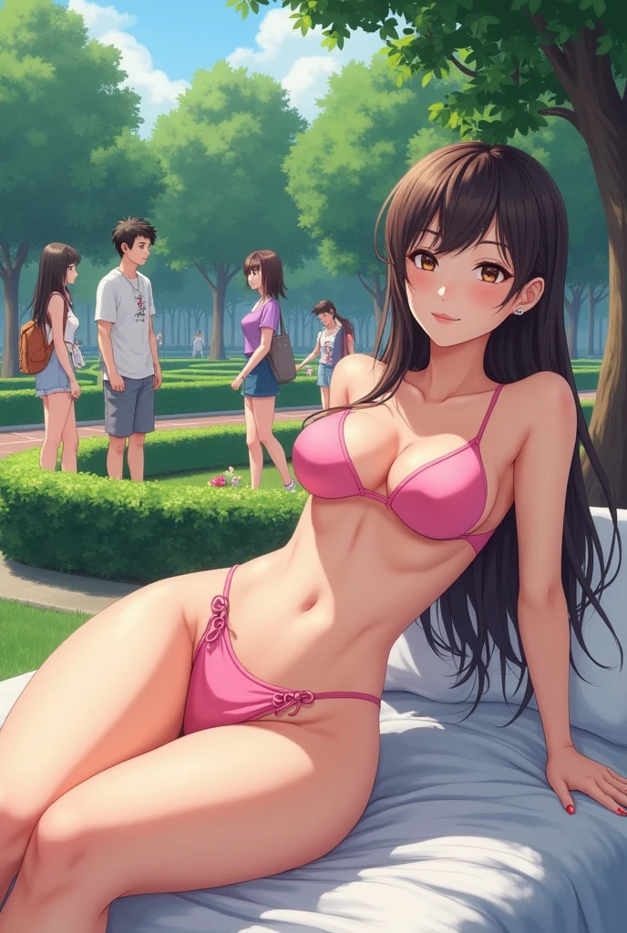 (Realistic, photo Realistic:1.2), ((highest quality)), Shift the center of gravity backwards, Quite embarrassing, Kousaka Reine, Long Hair, light pink bikini, frill, Beautiful facial details, Real human skin, Gentle expression, Front view, angle From below, Realistic, photoRealistic, beach, whole body, sitting on ground, knees raised, spread legs, (wind:1.2)