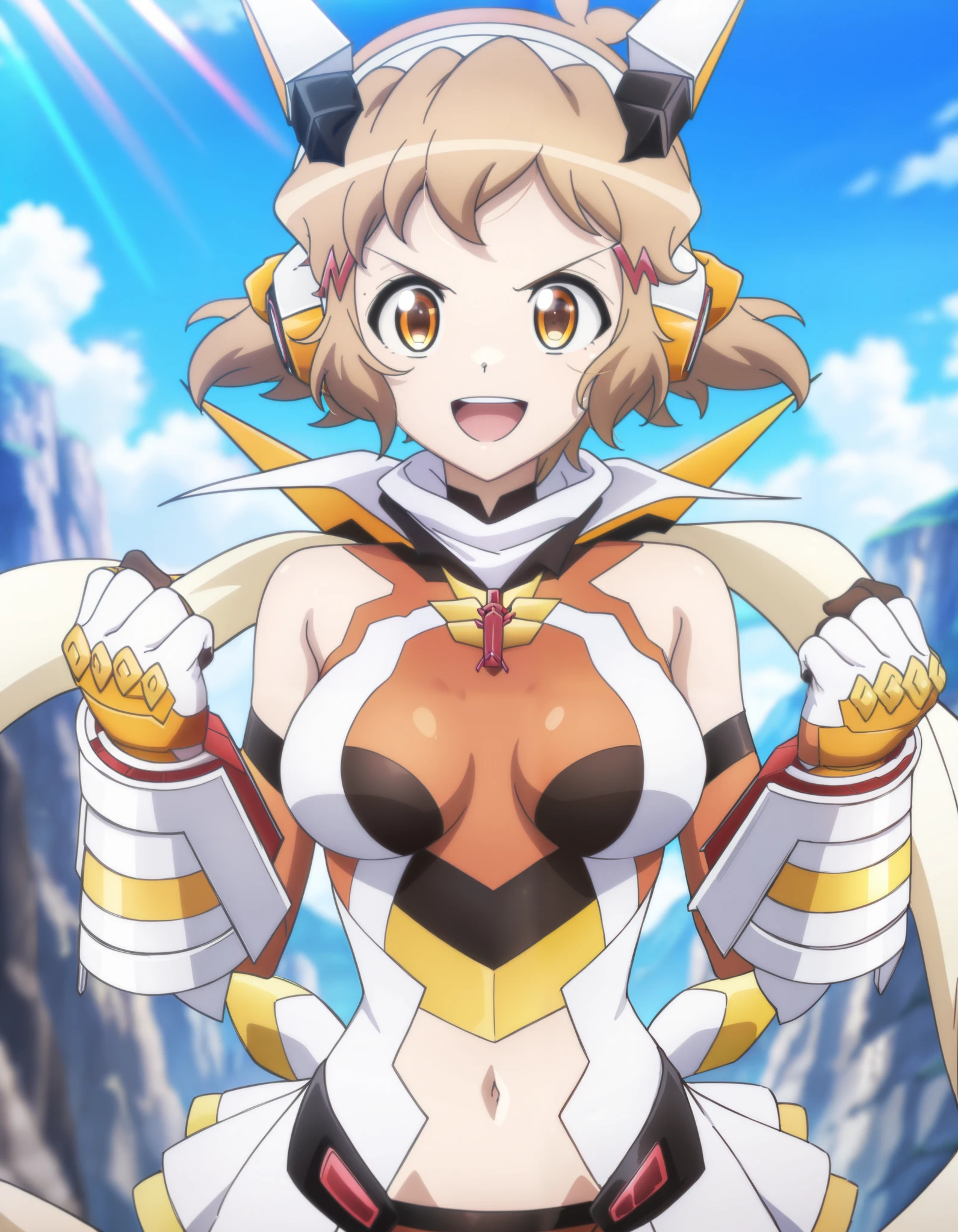 masterpiece, best quality, amazing quality, very aesthetic, absurdres, newest, anime coloring, anime screenshot, hibikigear, 1girl, solo, short hair, brown hair, scarf, headgear, navel, headphones, bodysuit, medium breasts, gauntlets, brown eyes, hair ornament, looking at viewer, smile, open mouth, closed eyes, shake hands