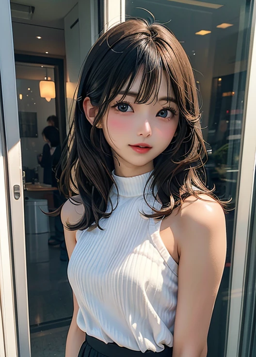 masutepiece、Best Quality、Illustration、 Ultra-detailed、finely detail、 hight resolution、8K Wallpaper、Perfect dynamic composition、29 year old cute girl、detailed beautiful faces、detailed cute eyes、Textured skin、discret smile、Wavy short hair、tiny chest、Bold sexy poses、Winter casual wear、