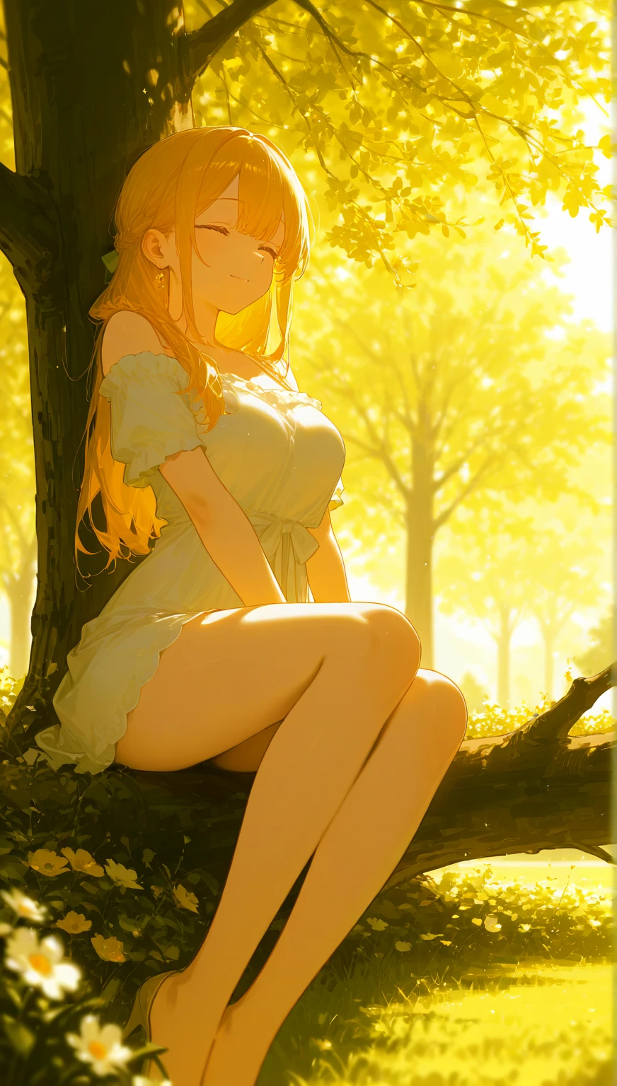work of art, absurderes , (details Intricate), (colorfully),cinematic lighting,shot not bust,Extremely detailed CG 8k unity wallpaper,Temari\(boruto\), 1 girl, mature woman,yellow t-shirt,wore tight, wet white panties,sitting down, plein-air, (falling leaves:1.3), Thu leaves, (Thu), lighting sun, Maple tree, parted lips,Tuuli, looking ahead at viewer,she didn't wear pants