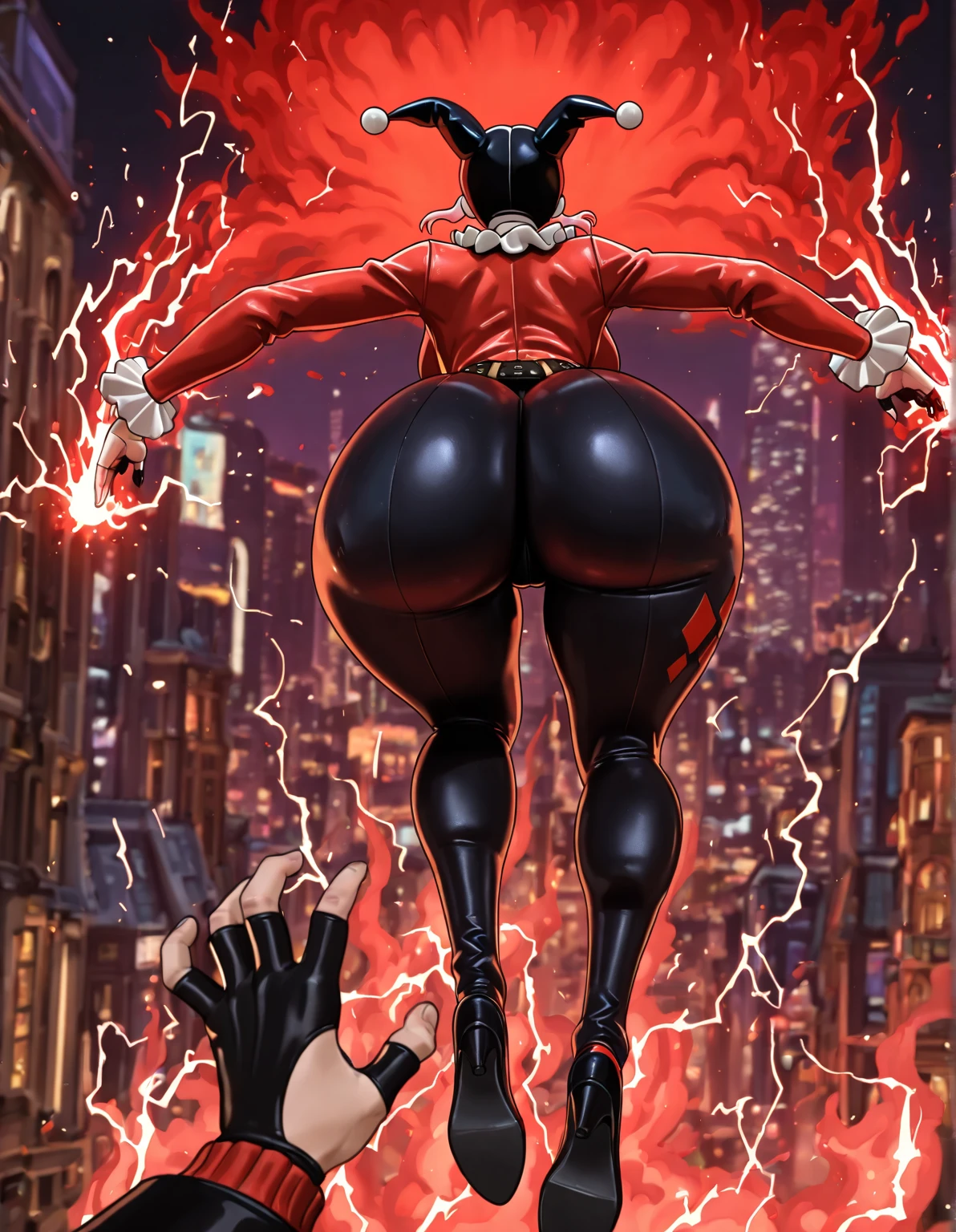 solo, 1female, harley quinn, pale skin , black n red outfit, sexy body, huge body, huge breasts, bend over, farting, massive fart, yellow smoke rising, relieved face, blush, bend over, alone in park,  at a park, heart signs