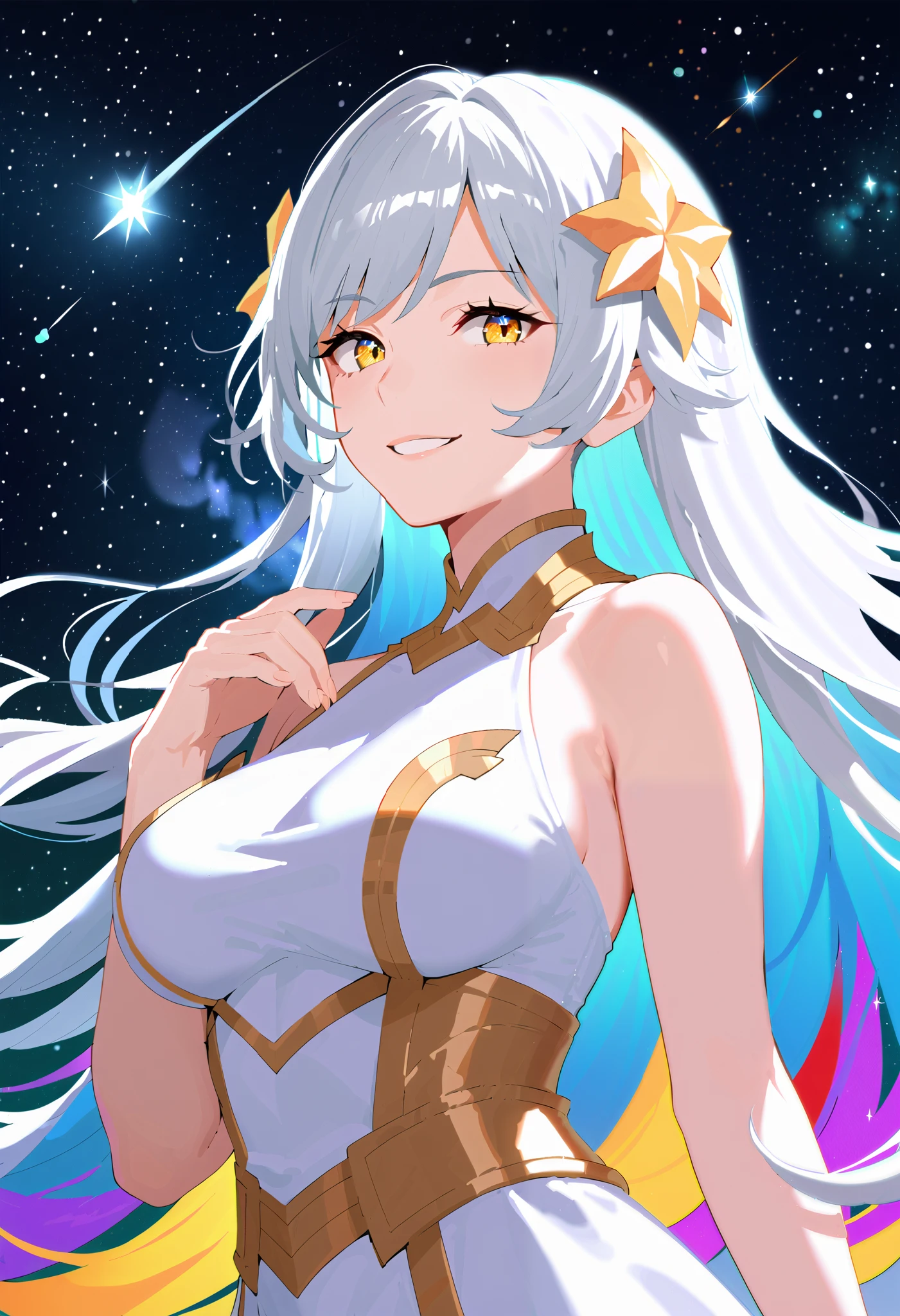 (high-quality, breathtaking),(expressive eyes, perfect face) 1girl, female, solo, white hair, rainbow inner, multicolored hair, very long hair, flowy hair, yellow eyes, cute smile, black background, portrait, symmetrical eyes, mature woman, white dress, sleeveless, bare shoulders, medium full shot, upper body, stars background, nebula background, shooting stars, goddess, large breasts, fantasy outfit,
