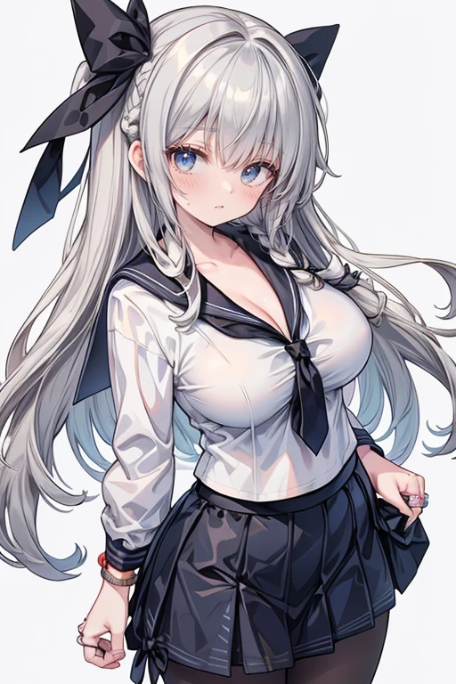 obra maestra, Mejor calidad, high resolution, 1 chica, senos, pelo largo, escote, sirvienta, guantes, very pelo largo, white guantes, adorno para el pelo, ingle, calzado negro, vestido maid, hendidura lateral, ojos grises, gargantilla, large senos, . de Pie,