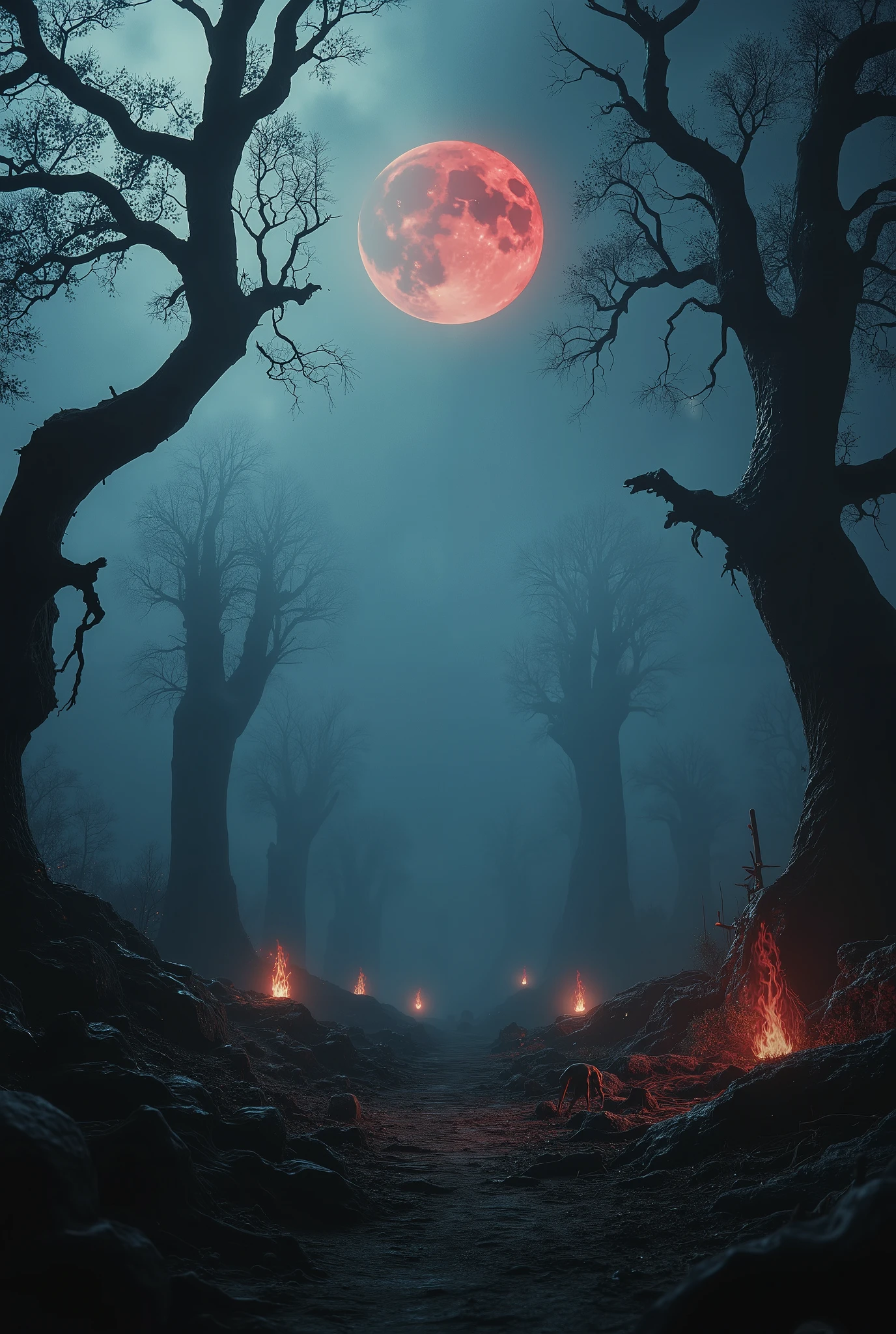 A hyper-realistic CGI render of a haunted forest at midnight, shrouded in thick, swirling fog. The towering, ancient trees are twisted and gnarled, their bark cracked and peeling like rotting flesh. Dead branches stretch out like skeletal fingers, creating eerie silhouettes against the dark, moonlit sky. A dim, blood-red moon barely pierces through the thick fog, casting an ominous glow over the decayed forest floor, which is littered with bones, withered leaves, and remnants of old, broken graves.
In the distance, faint whispers and ghostly shadows move between the trees, their glowing, hollow eyes peering through the darkness. Some trees have faces twisted in agony, as if cursed spirits are trapped within their trunks. Strange symbols and blood-stained markings cover the bark, hinting at forgotten rituals. The atmosphere is thick with dread, and the air carries the scent of damp earth and decay.
Faint, flickering lanterns swing from unseen hands, casting unnatural, shifting light. Wisps of spectral mist take the form of screaming faces before vanishing into the darkness. Distant screams echo through the trees, blending with the eerie rustling of unseen creatures. The ground occasionally pulses as if something beneath is alive, waiting to emerge. This is a nightmarish, cursed forest, filled with supernatural terror, perfect for a horror movie scene