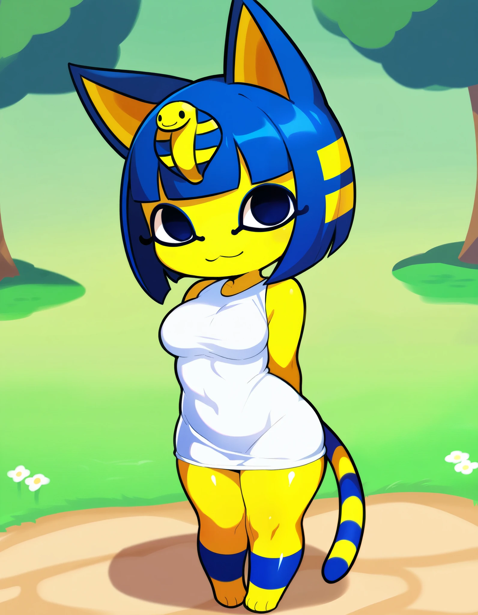 ((best quality)), ((highly detailed)), absurdres, (detailed eyes, deep eyes), (1girl), from above, full body, <lora:AnkhaaaV1.3:.8>, ankha, blue hair, hair ornament, black eyes, half-closed eyes, yellow skin, striped tail, (petite), egyptian, :<, medium breasts, (white dress), hieroglyphics, contrapposto, standing, ((legs apart)), crossed arms, cowboy shot, from below, looking at viewer, (inside, in a garage, car)