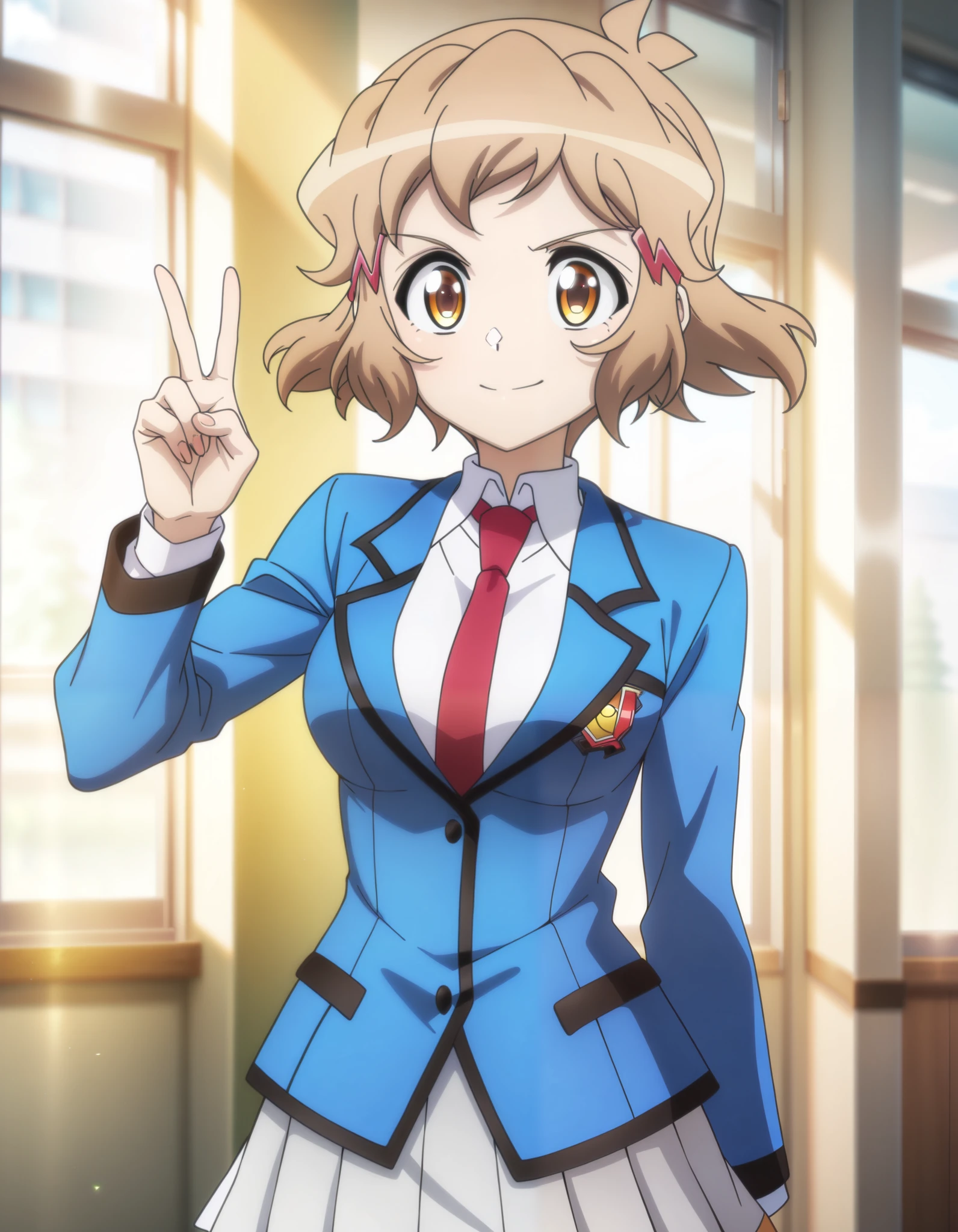 masterpiece, best quality, amazing quality, very aesthetic, absurdres, newest, anime coloring, anime screenshot, hibikigear, 1girl, solo, short hair, hair ornament, brown hair, hairclip, necktie, brown eyes, anime coloring, school uniform, pleated skirt, blue_blazer, smile, looking at viewer, v_sign,