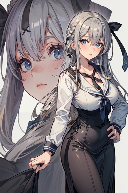 High Contrast, One Girl, sketch, Monochrome, Clean line art for coloring books、Grey Hair、long hair、Hair between the eyes、Grey Eyes、Ahoge、Big Breasts、Huge breasts、Are standing、Upper Body、Smiling、Angle from the front、Front view、Hands behind the back、Vladilena Milize, blue headwear, blue jacket, blue skirt, hat, jacket, military, military hat, military uniform, Peaked cap, shirt, skirt, thighhighs, uniform, white shirt, white thighhighs、Photographed with a black cat、