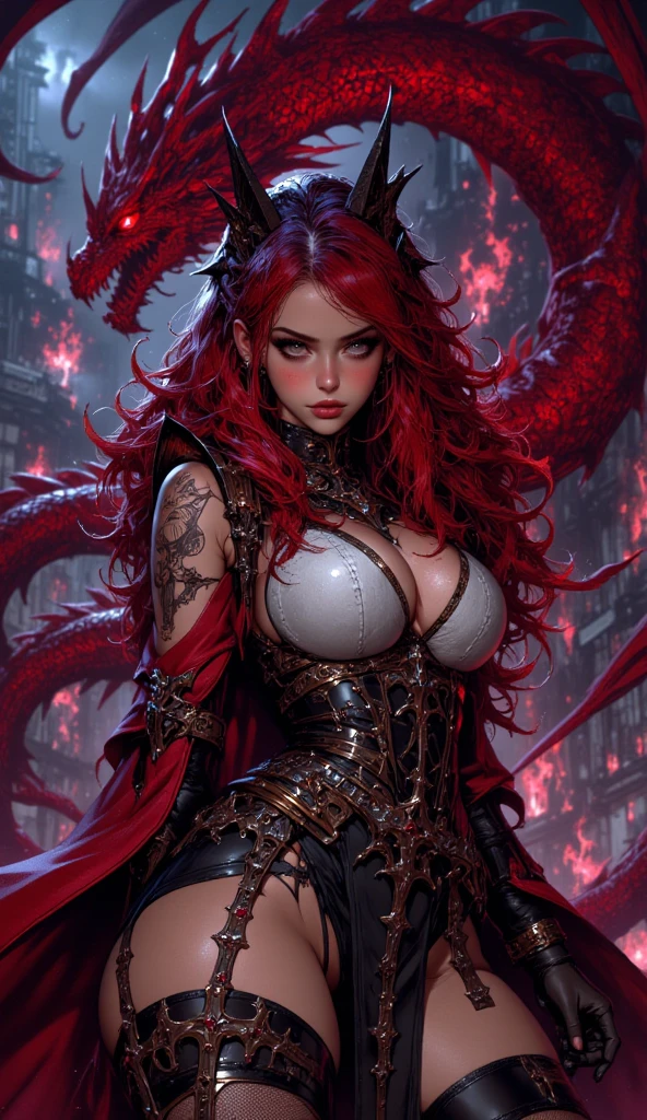 woman minotaur eye patch red hair, Red clothing, with horns, sexy sensual on a pirate ship at sea, fully body
