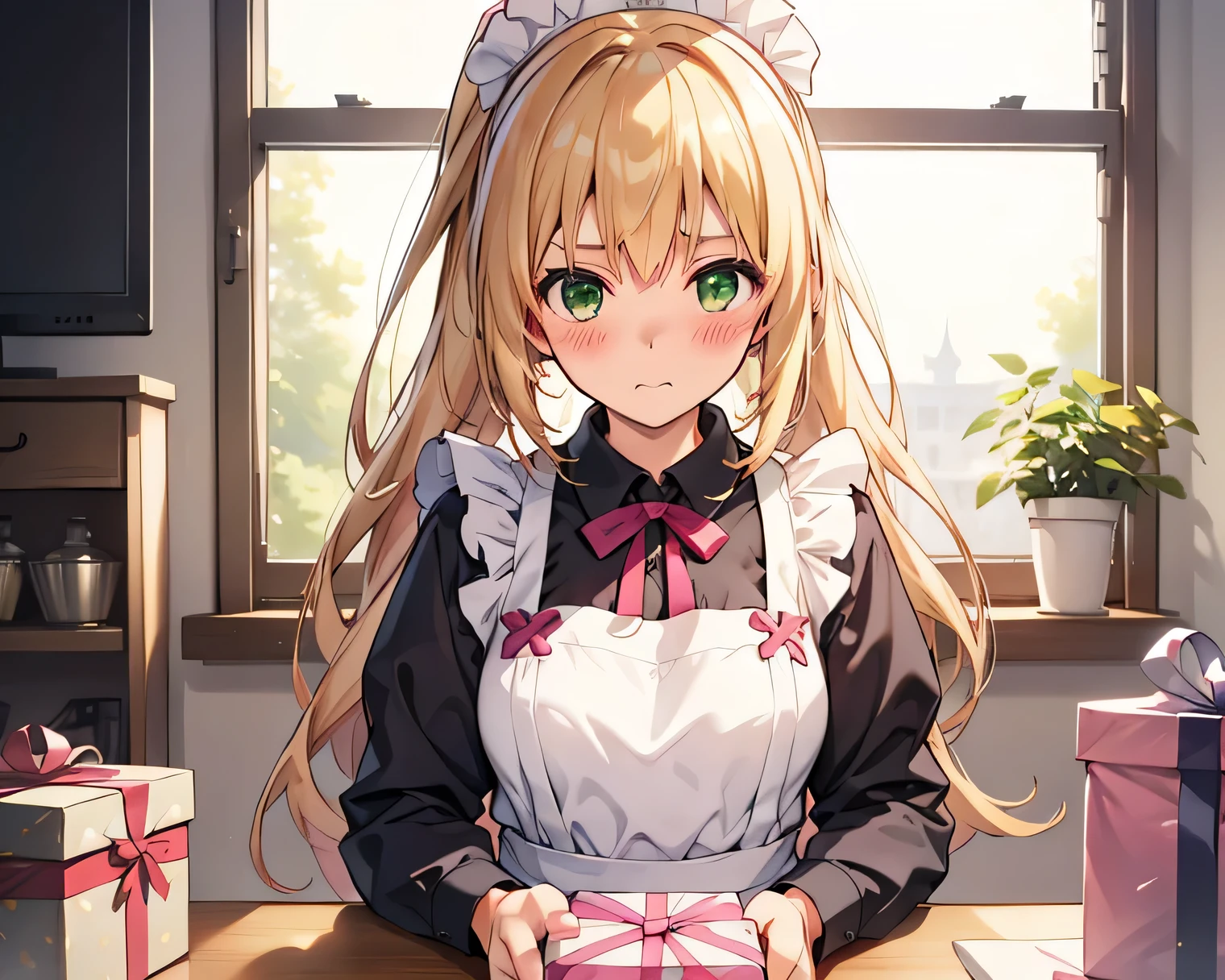 blonde long hair green eyes ponytail cute girl 1 girl in the best Brown clothes white ruffle apron Patissier pink ribbon high resolution, headpiece, リボンヘアアクセサリー, accurate, best quality, anatomically correct, solo Single with Presents Pass it to the screen is shy blush Shy anxiety