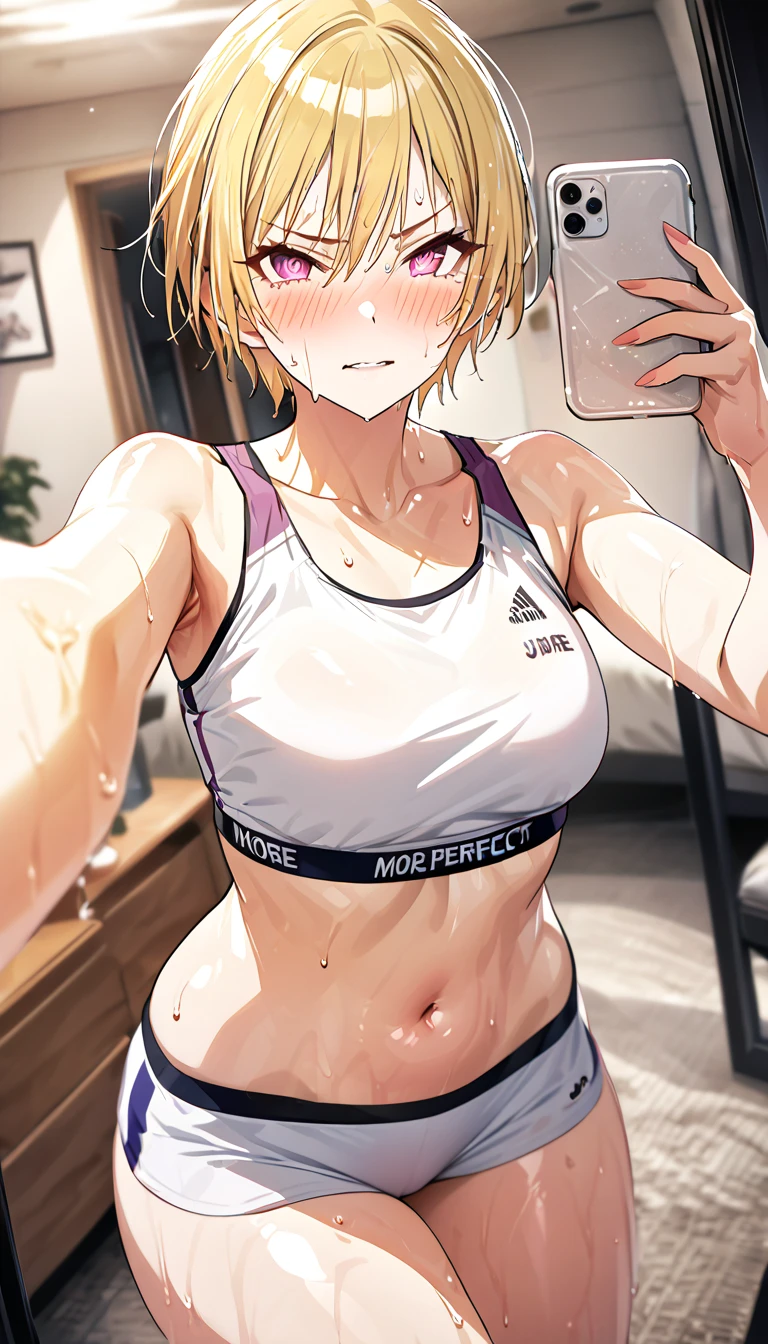 beautiful, masterpiece, Highest quality, anime, One girl, C Cup,Portrait Shot, View your viewers, Covered、Short Hair、nearby、Blue Eyes、art、、White hair,Blue streaked hair、hairpin、Cute smile、Thighs、Cute、Beautiful breasts、Sweat、Sports bra、Sports pants、Through the mirror_photograph、Private room、navel、Selfie