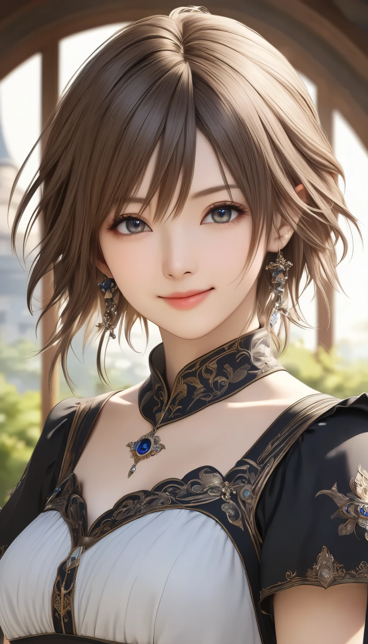 Final Fantasy Style , Takahashi Kazunari's masterpiece, Depiction of a face expressed down to the smallest detail, Detailed Eyes 、Detailed faces、A masterpiece of hair drawn down to the smallest detail , top quality, illustration , Super Detail, fine detail, high resolution, 8k wallpaper, perfect dynamic composition, beautiful detailed eyes, dress , medium hair , middle of chest, Natural Color Lip, Random Sexy Poses,smile, tower mansion