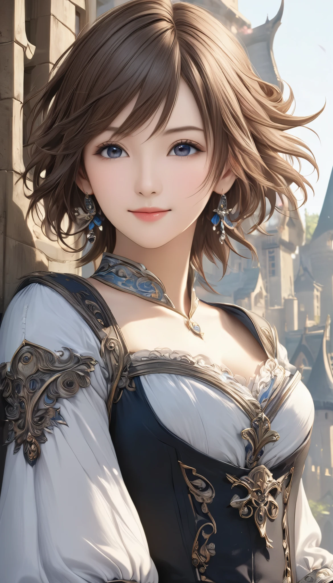 Final Fantasy Style , Takahashi Kazunari's masterpiece, Depiction of a face expressed down to the smallest detail, Detailed Eyes 、Detailed faces、A masterpiece of hair drawn down to the smallest detail , top quality, illustration , Super Detail, fine detail, high resolution, 8k wallpaper, perfect dynamic composition, beautiful detailed eyes, dress , medium hair , middle of chest, Natural Color Lip, Random Sexy Poses,smile, tower mansion