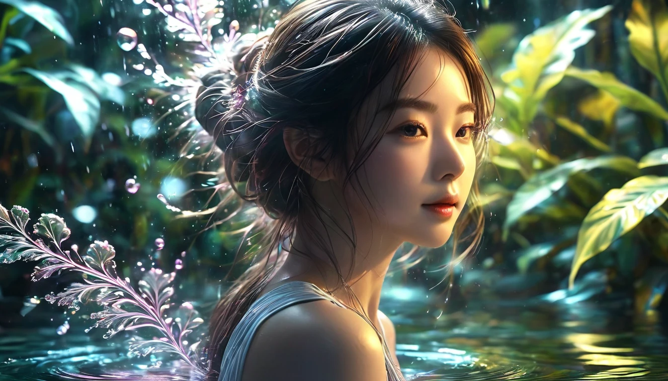 a girl washing vegetables in a river, beautiful detailed eyes, beautiful detailed lips, extremely detailed eyes and face, long eyelashes, young woman, riverside, peaceful, nature, tranquil, serene, flowing water, crystal clear water, green plants, lush foliage, sunlight, warm lighting, soft focus, realistic, highly detailed, photorealistic, 8k, masterpiece