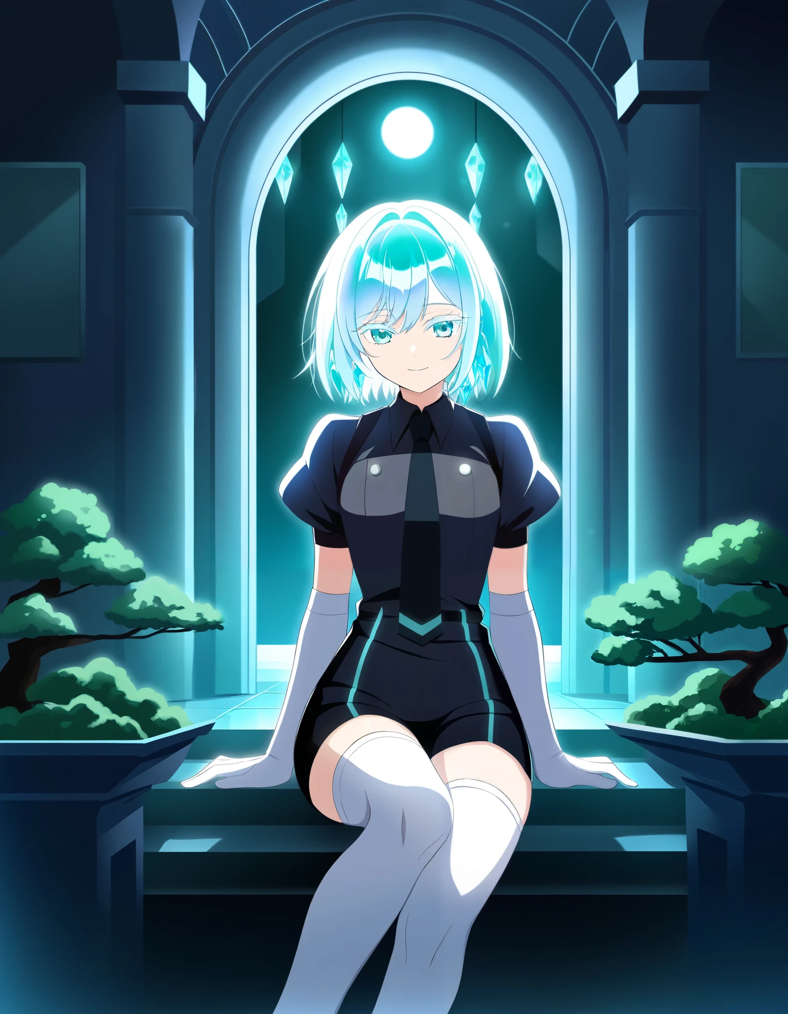 masterpiece, source_anime,Hiori Light Art, Backlight, absurdres, very aesthetic, best quality, masterpiece, green bonsai, bonsai, inside sanctuary, sanctuary, marble wall, arch, front view, looking at viewer, sitting, soft smile, Hiori Light Art, Backlight, hskdmnd, crystal hair, colored eyelashes, multicolored hair, short hair, black shirt, puffy short sleeves, collared shirt, black necktie, elbow gloves, white gloves, black shorts, white thighhighs
