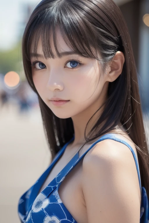 film portrait photography, 1girl, bare shoulders, wearing a blue dress, wavy shoulder-length hair, serene, calm, (realistic detailed eyes, realistic face details), soft dramatic lighting, depth of field, bokeh, vibrant details, finely detailed, hyperrealistic, 35mm film, hazy blur, filmg,